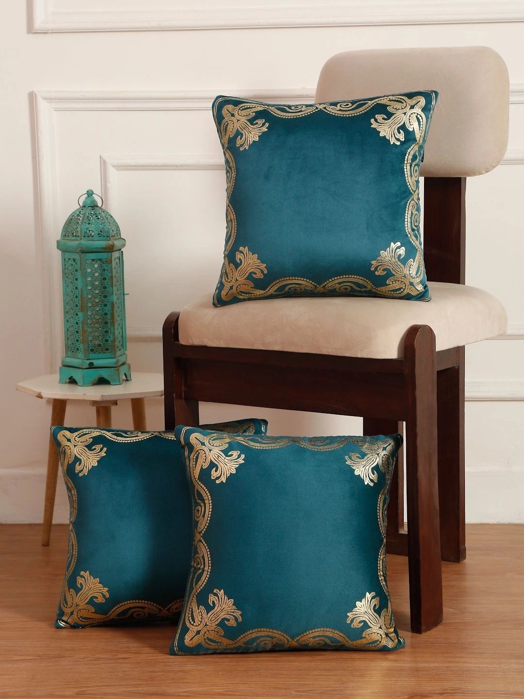 Myntra Elegant Homes Sea Green Set of 3 Embroidered Velvet Square Cushion Covers-picture-56