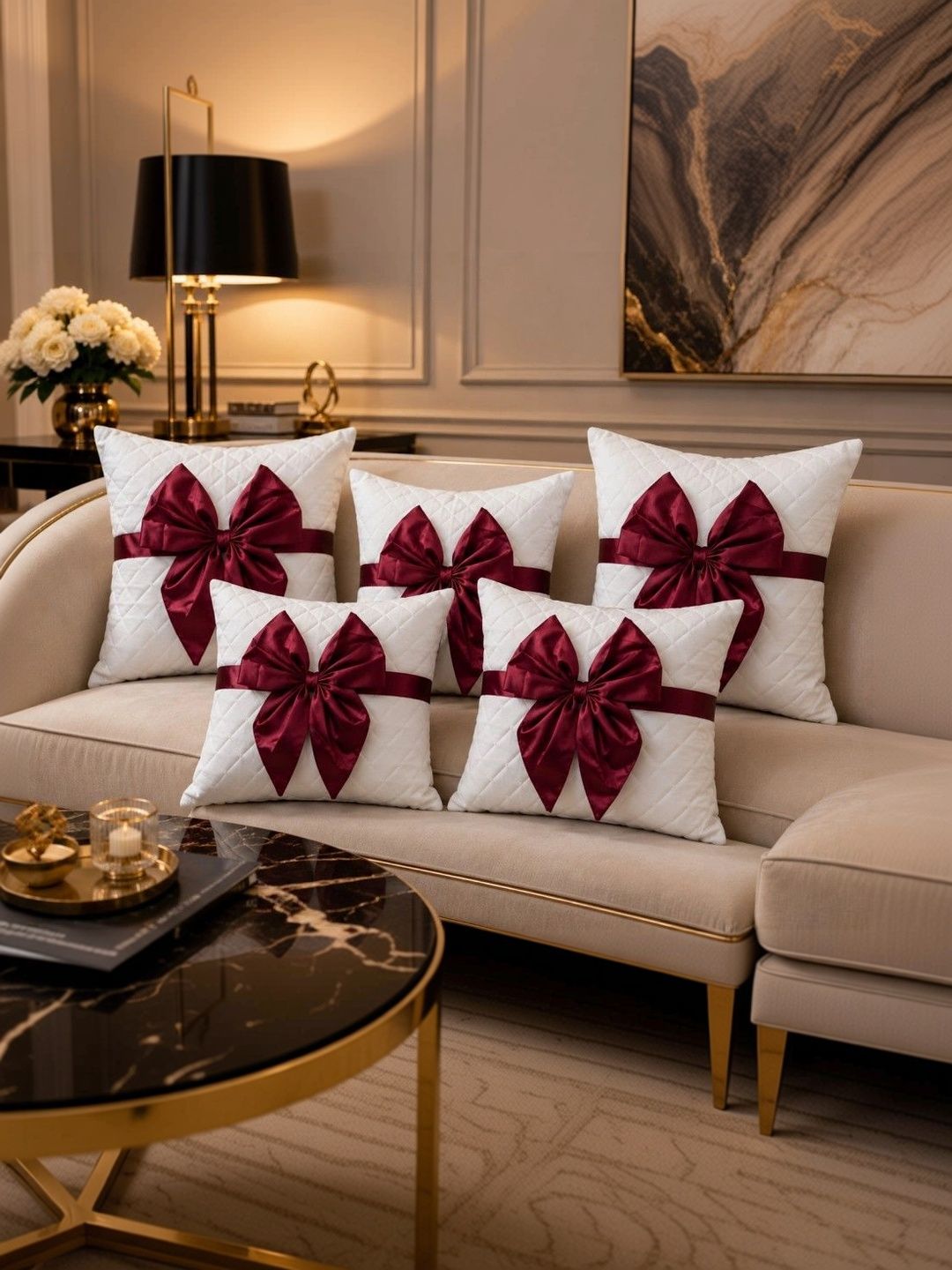 Royal DecoFurnishing White & Maroon Set of 5 Satin Blend Square Cushion Covers-picture-58