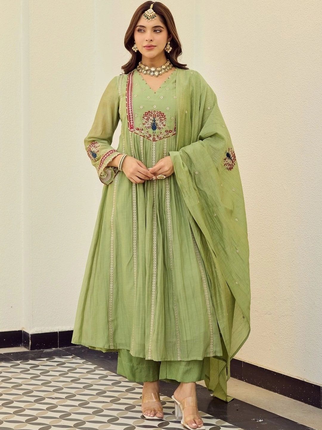 Sangria Women Ethnic Motifs Embroidered Empire Thread Work Chanderi Silk Kurta with Palazzos & With Dupatta-picture-11