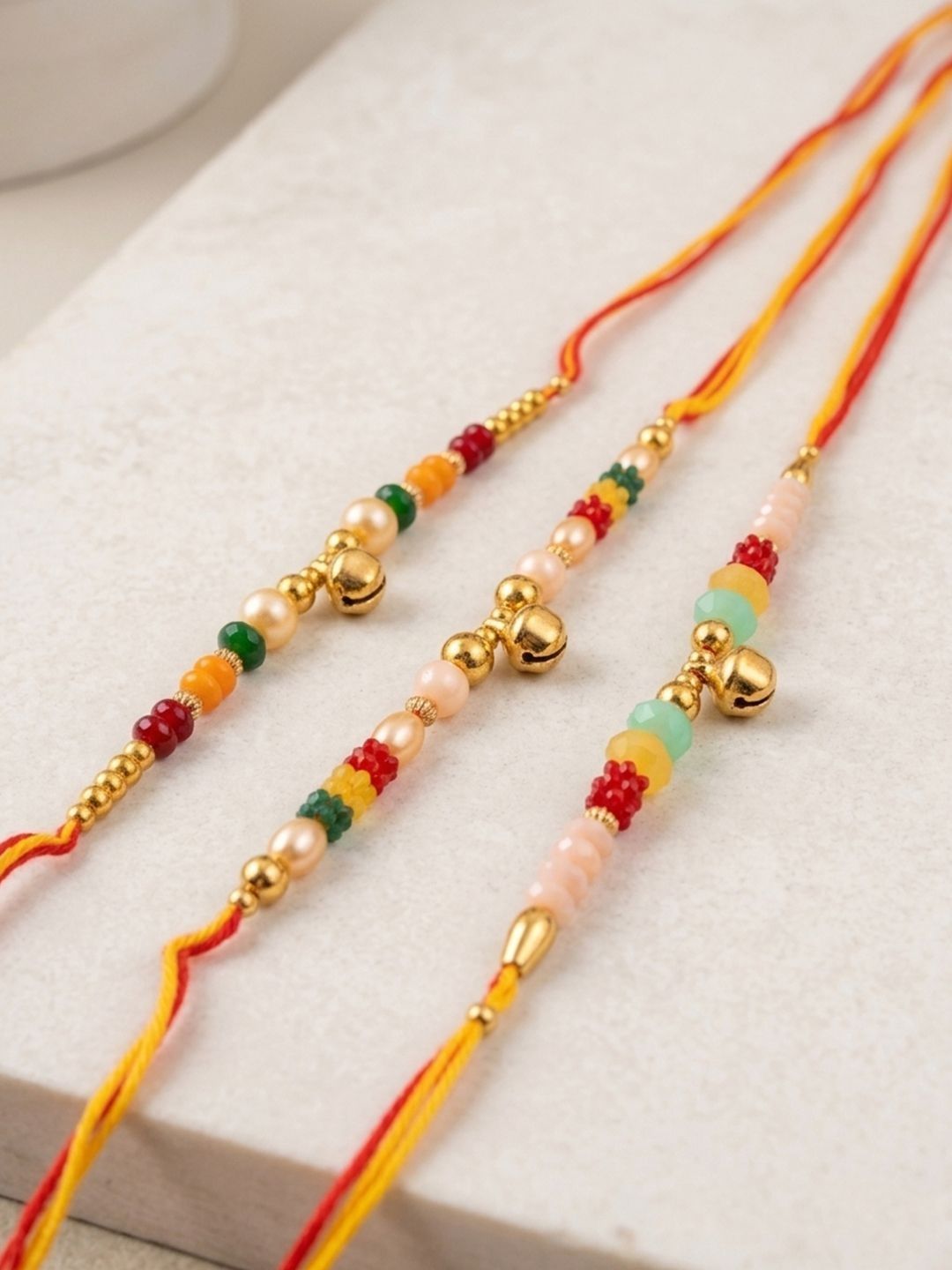 Anouk Set Of 3 Artificial Beads Orange Thread Rakhi With Roli Chawal Chandan Mishri-picture-12