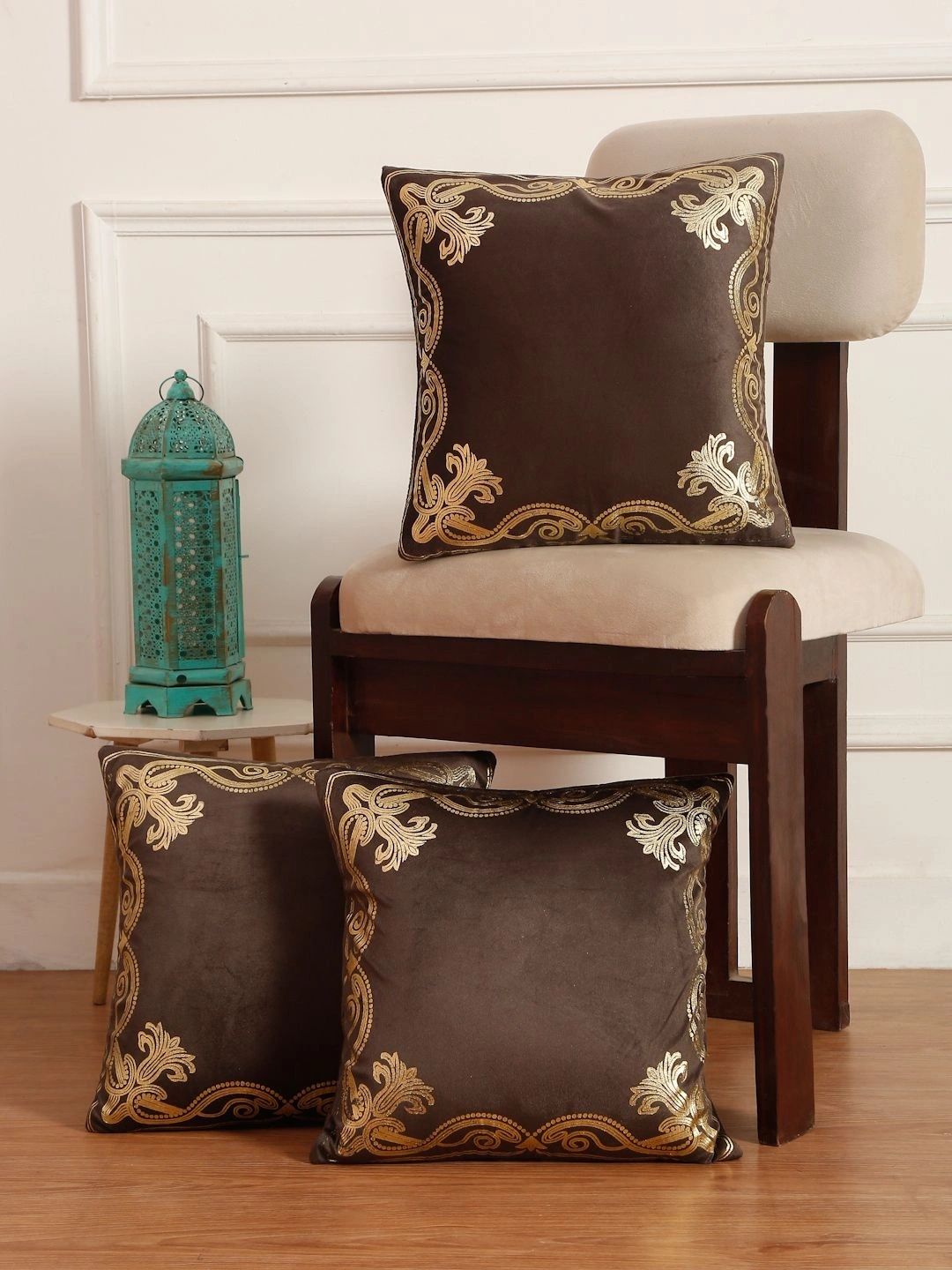 Myntra Elegant Homes Brown Set of 3 Ethnic Motifs Velvet Square Cushion Covers-picture-23
