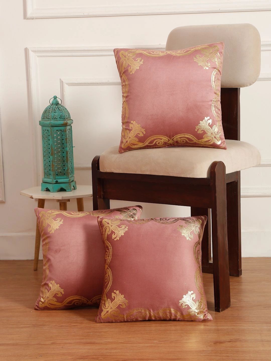 Myntra Elegant Homes Peach-Coloured Set of 3 Ethnic Motifs Velvet Square Cushion Covers-picture-38
