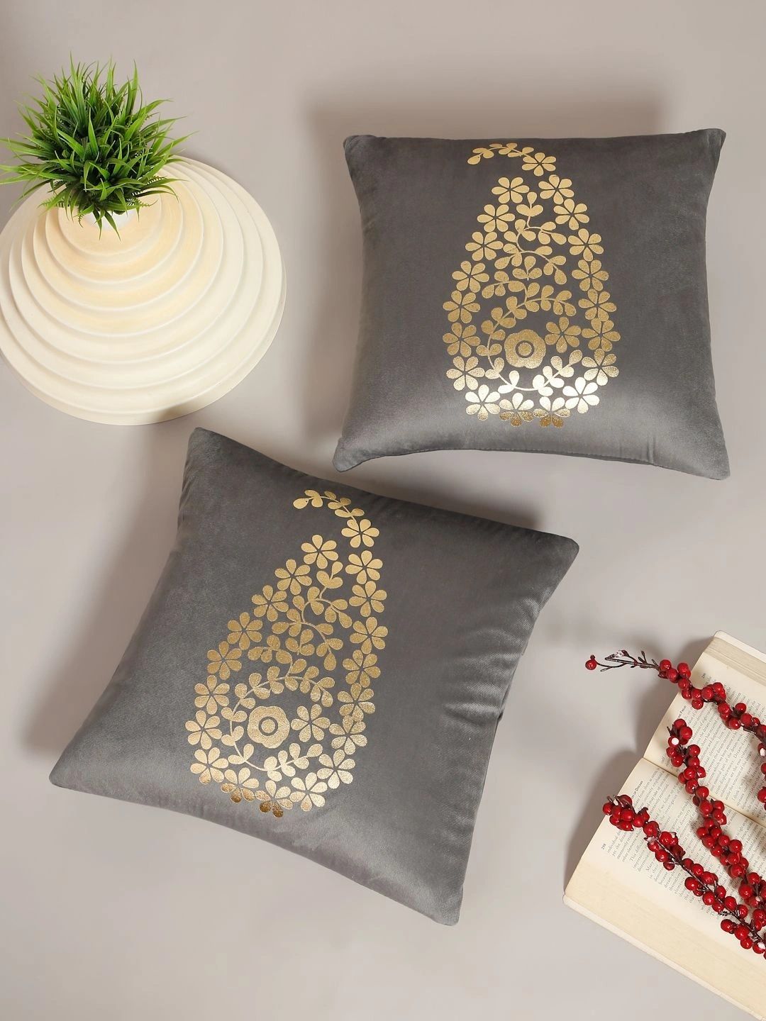 Myntra Elegant Homes Grey Set of 2 Floral Velvet Square Cushion Covers-picture-57