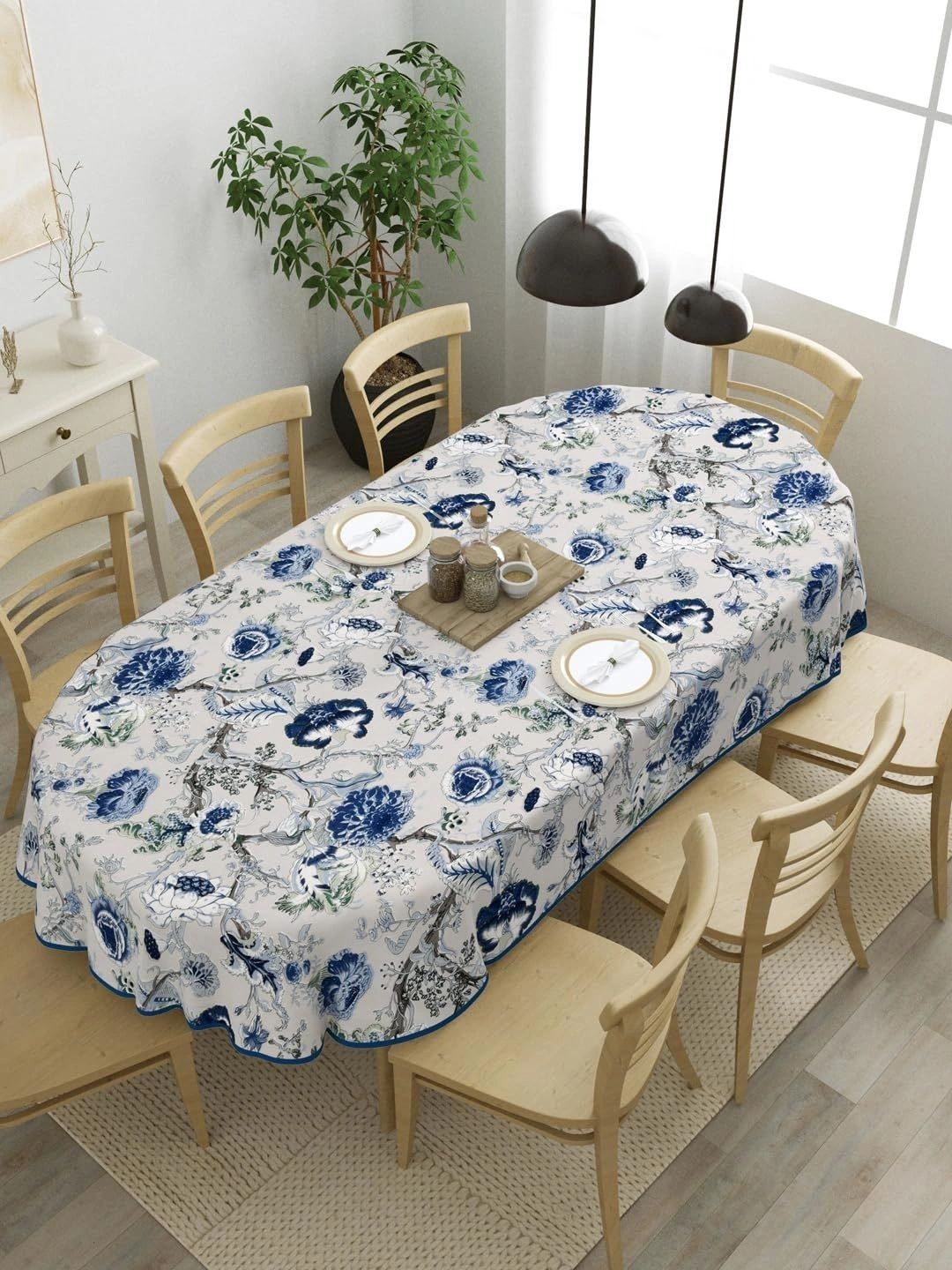 The Home Story Off White Floral Cotton Oval 6-Seater Table Cover-picture-27
