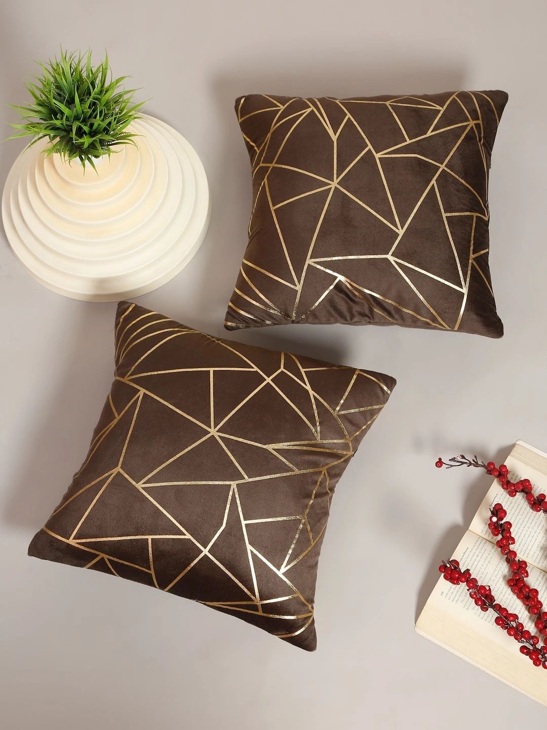 Myntra Elegant Homes Brown Set of 2 Geometric Velvet Square Cushion Covers-picture-20