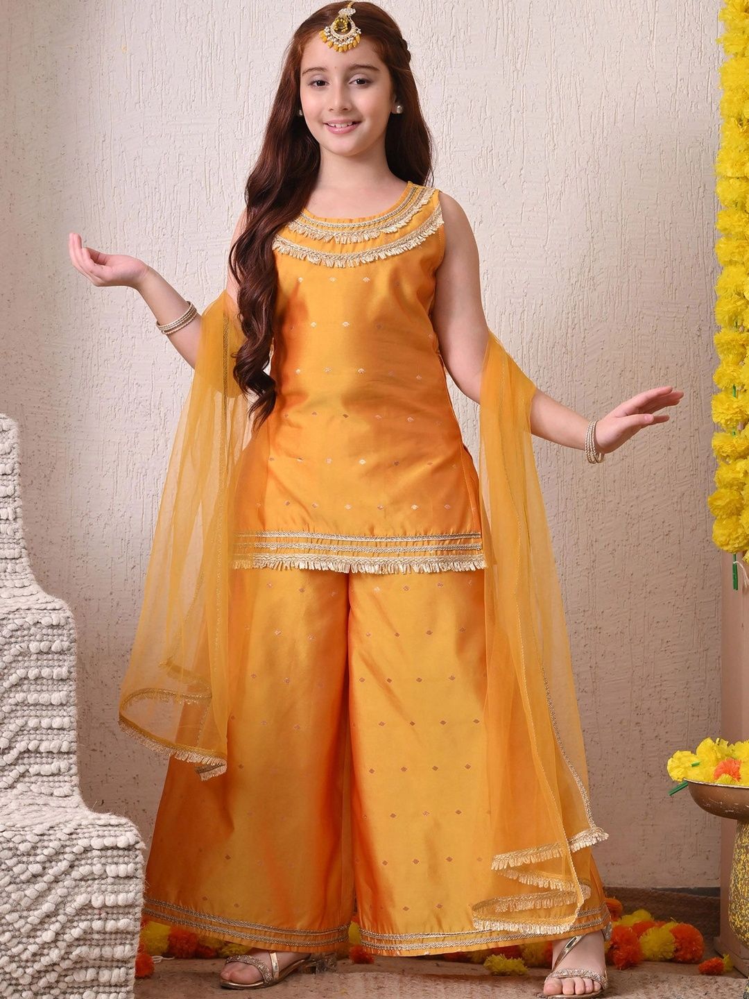 House of Pataudi Girls Ethnic Motifs Regular Gotta Patti Kurta with Sharara & With Dupatta-picture-25