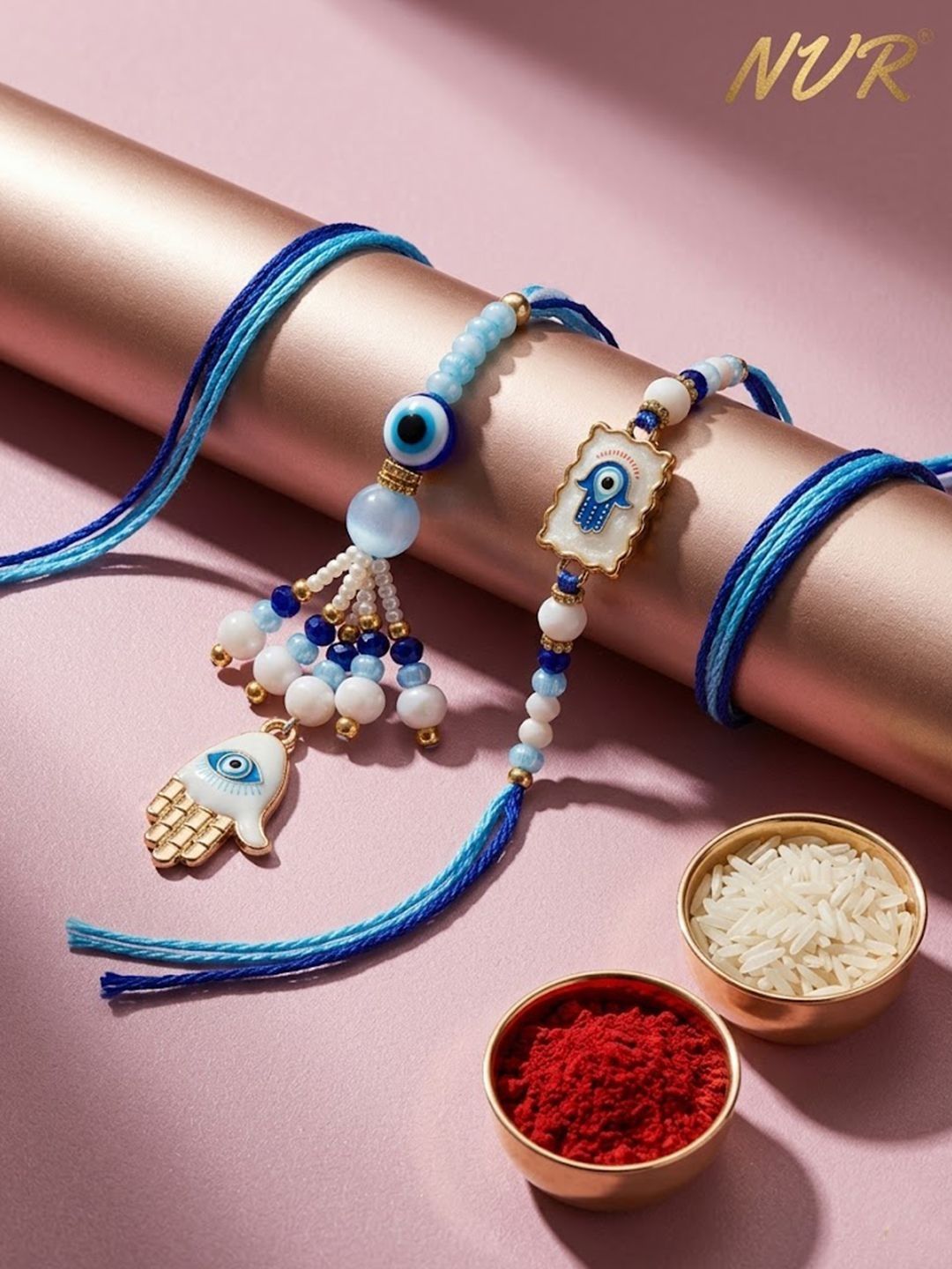 Anouk Set Of 2 Evil Eye Hand Design Bhaiya Bhabhi Rakhi With Roli Chawal Chandan Mishri-image-30