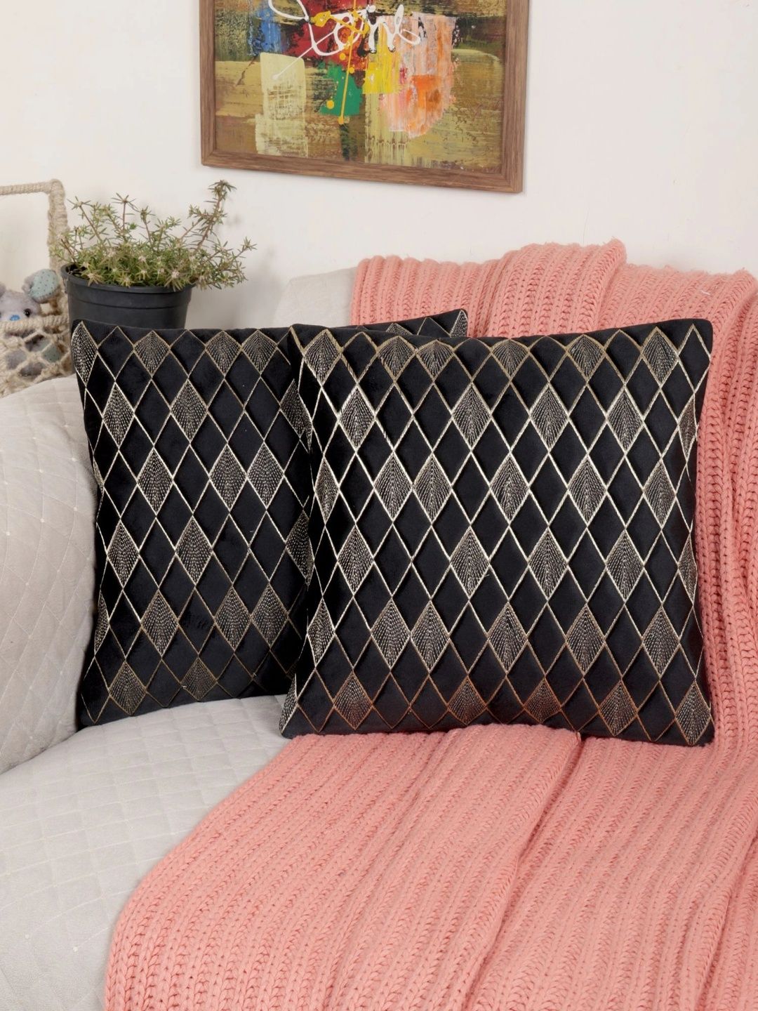 MONKDECOR Black Set of 2 Geometric Velvet Square Cushion Covers-picture-42