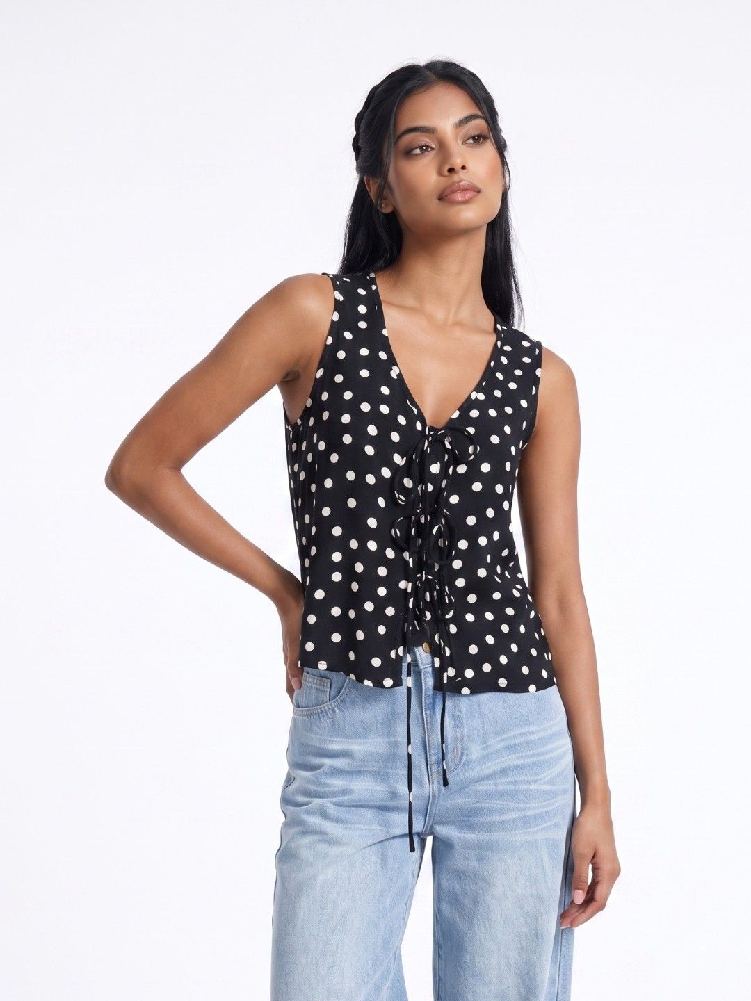 glitchez Polka Dot Printed V-Neck Slim Top with Tie-Ups-picture-15