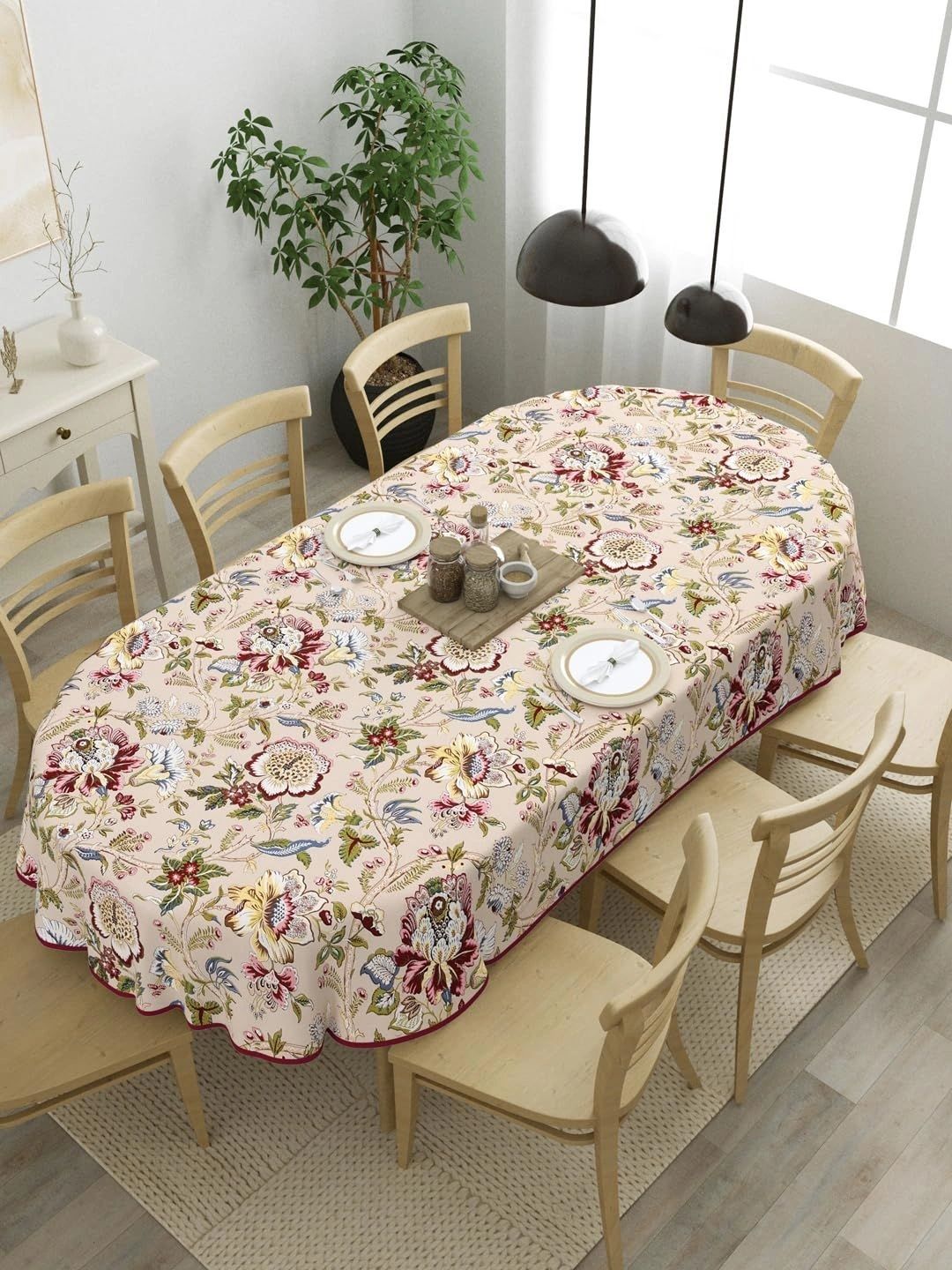 The Home Story Beige Floral Cotton Oval 6-Seater Table Cover-image-13