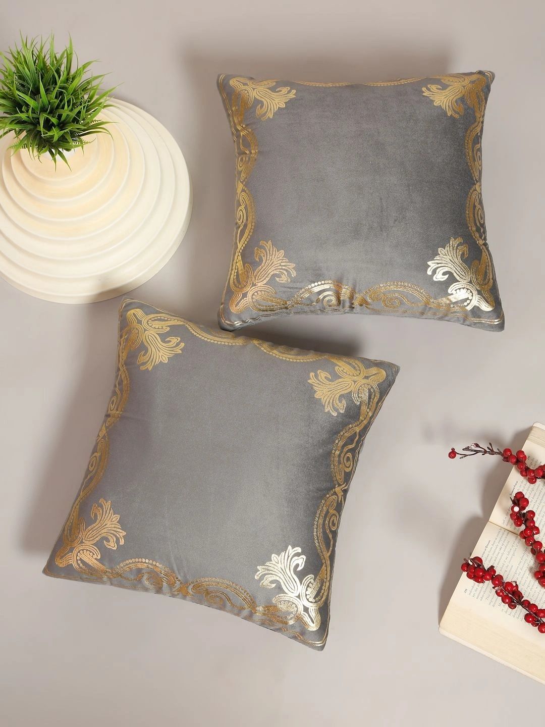 Myntra Elegant Homes Grey Set of 2 Embroidered Velvet Square Cushion Covers-picture-40