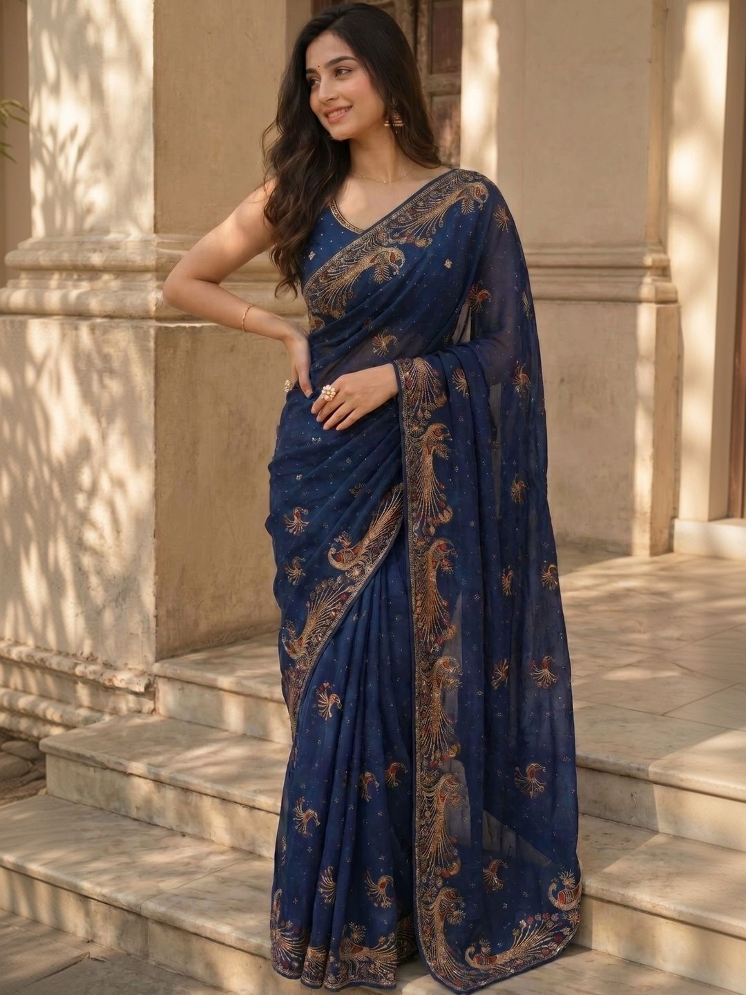 RANGVYRA LIFESTYLE Floral Embroidered Pure Georgette Saree-image-7