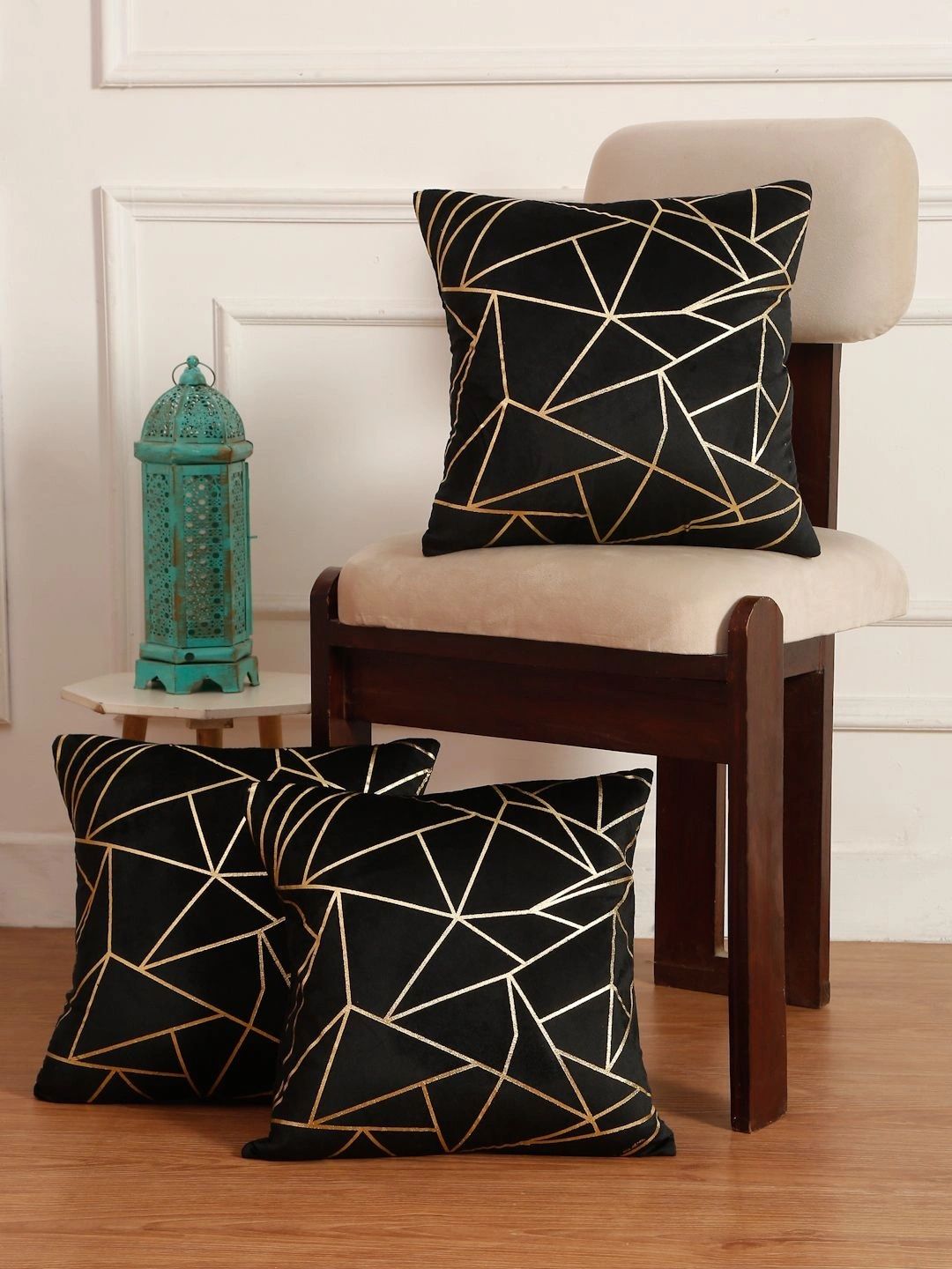 Myntra Elegant Homes Black Set of 3 Geometric Velvet Square Cushion Covers-picture-12