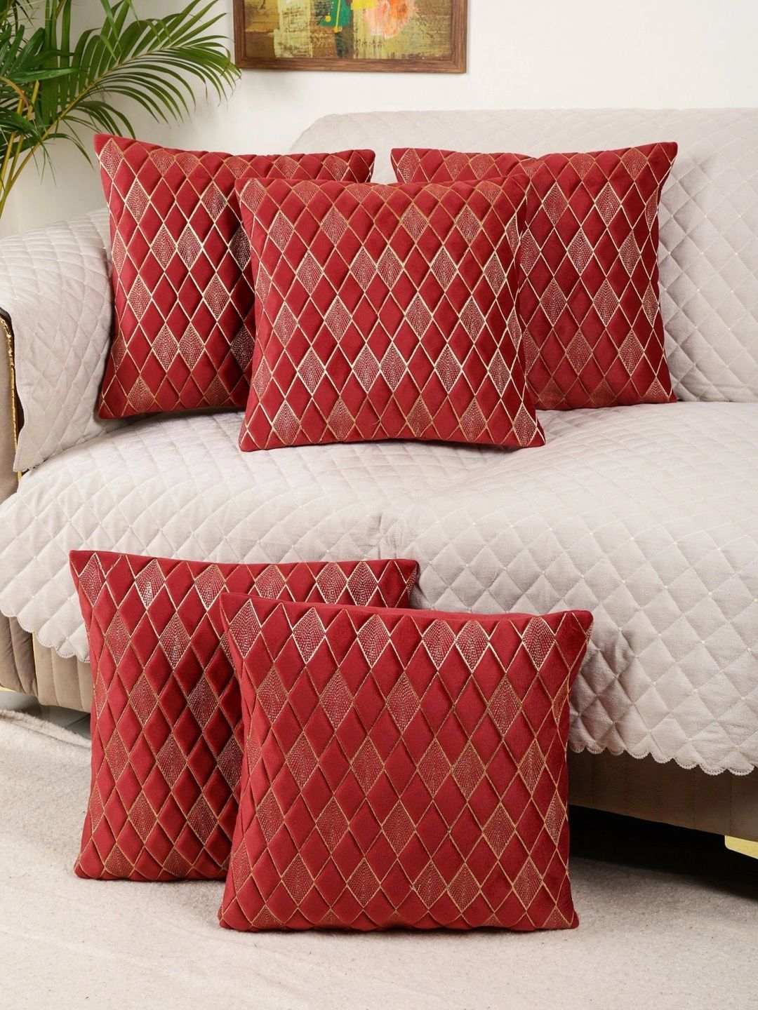 MONKDECOR Maroon Set of 5 Geometric Velvet Square Cushion Covers-image-34