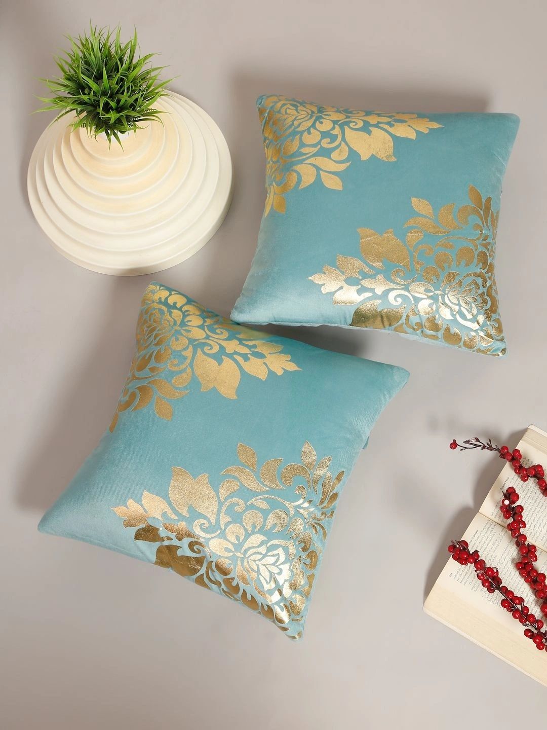 Myntra Elegant Homes Turquoise Blue Set of 2 Floral Velvet Square Cushion Covers-picture-32