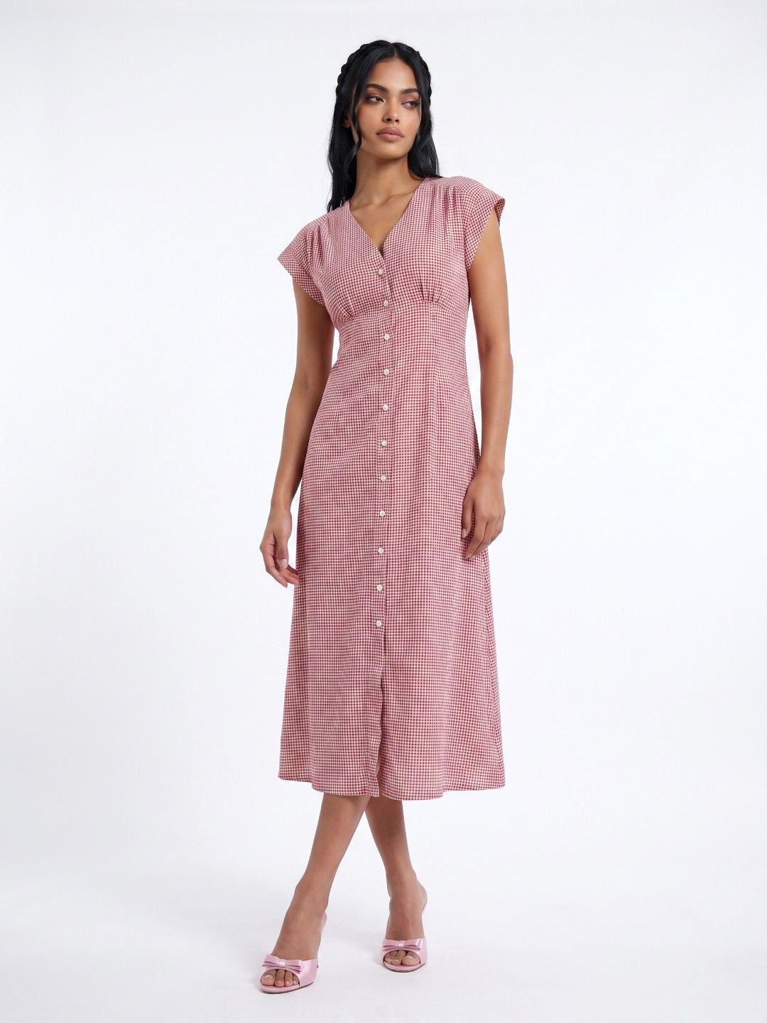 glitchez Checked Gathers Extended Sleeves V-Neck A-Line Midi Dress-picture-23