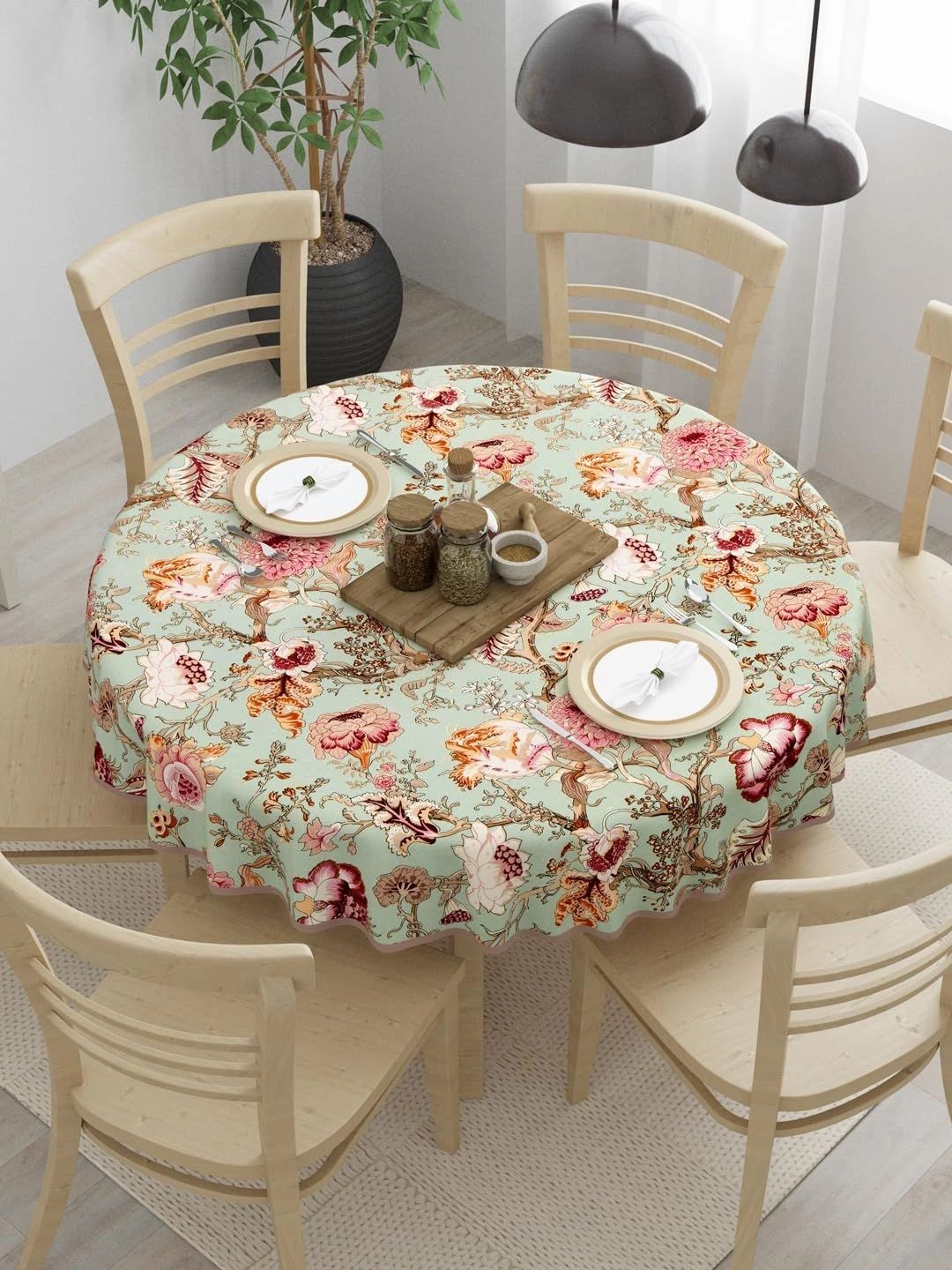 Aura Green Floral Cotton Round 4-Seater Table Cover-image-48
