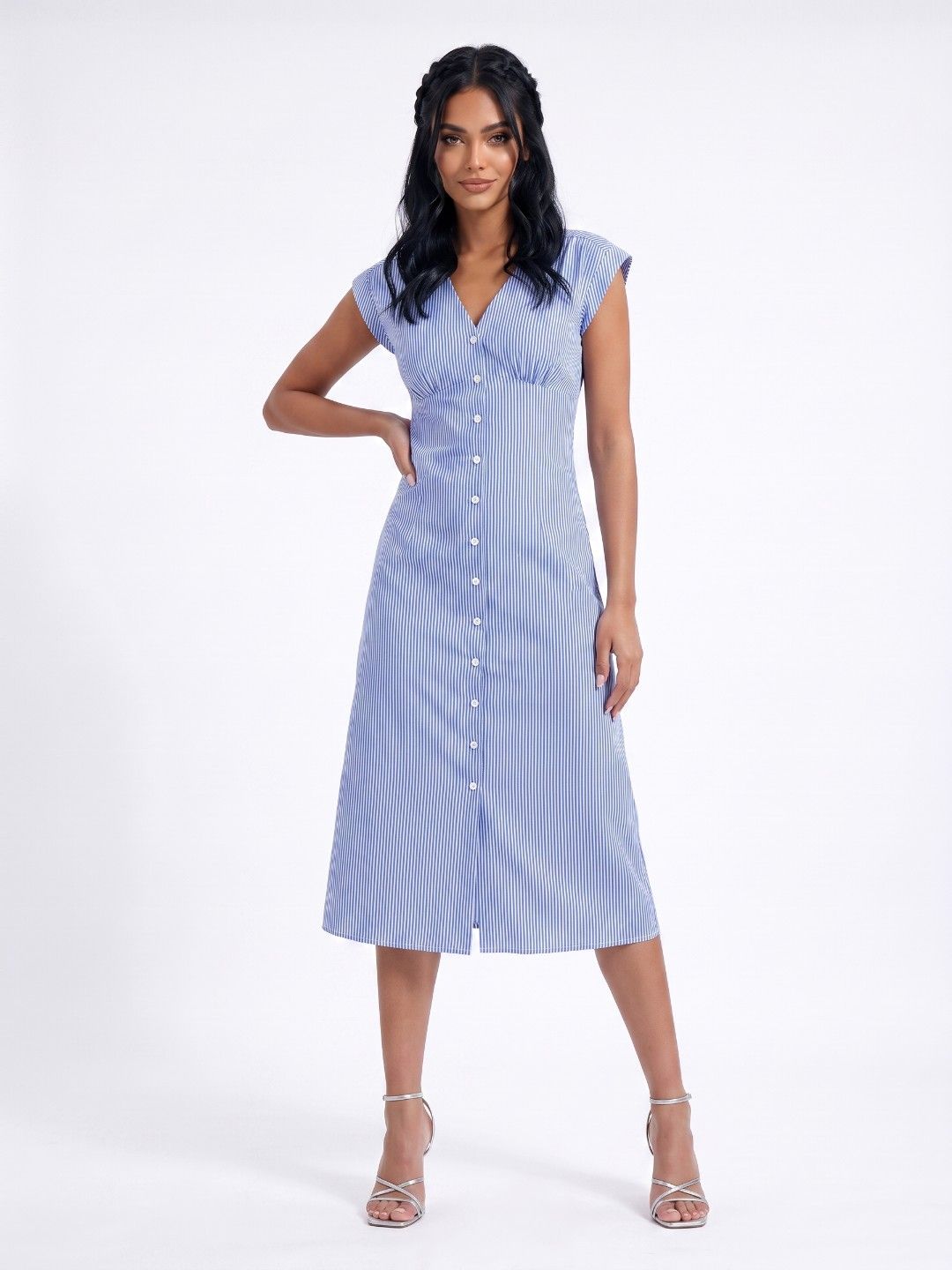glitchez Striped V-Neck Extended Sleeves Gathers A-Line Midi Dress-picture-23