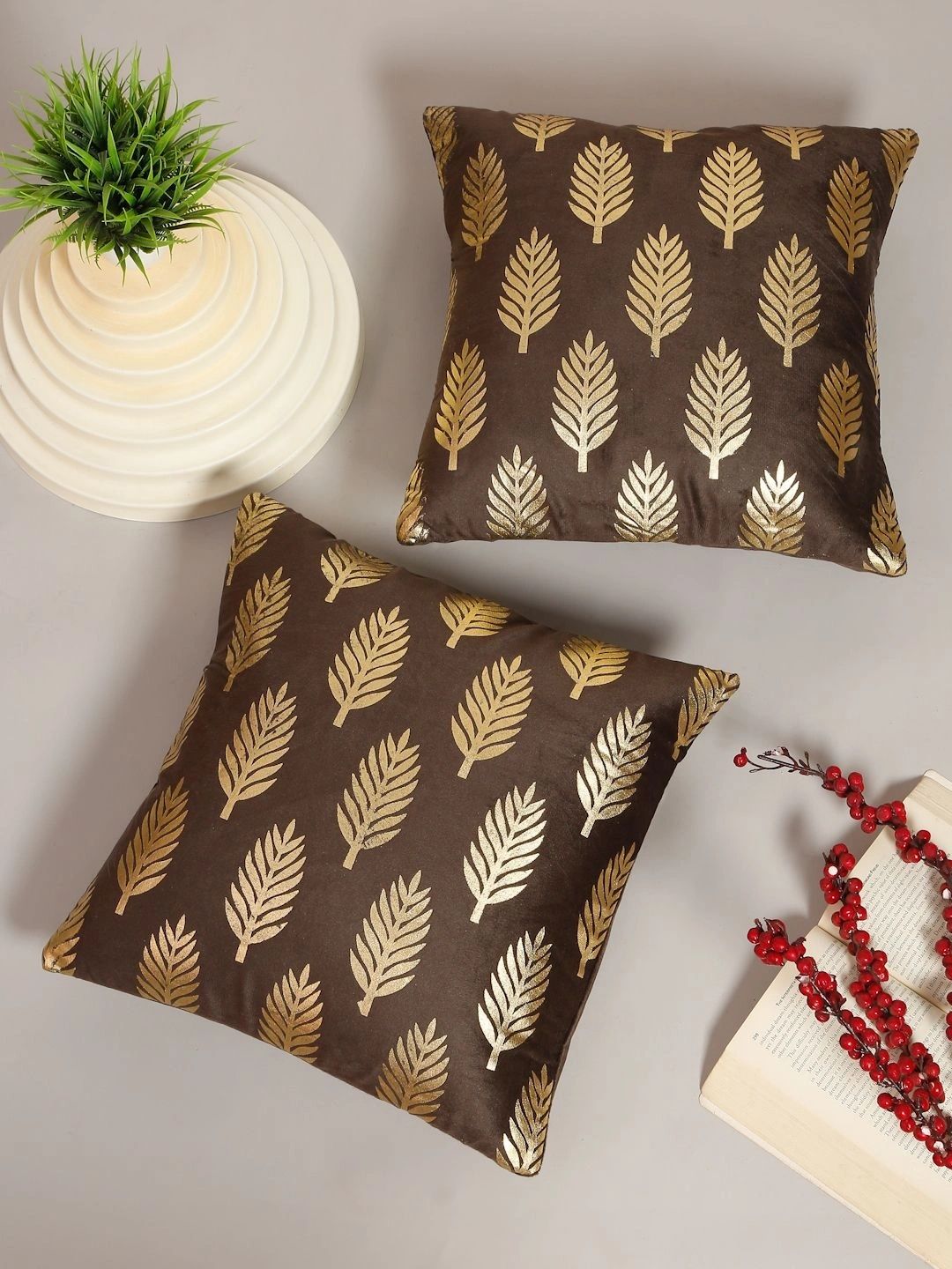 Myntra Elegant Homes Brown Set of 2 Velvet Square Cushion Covers-picture-36