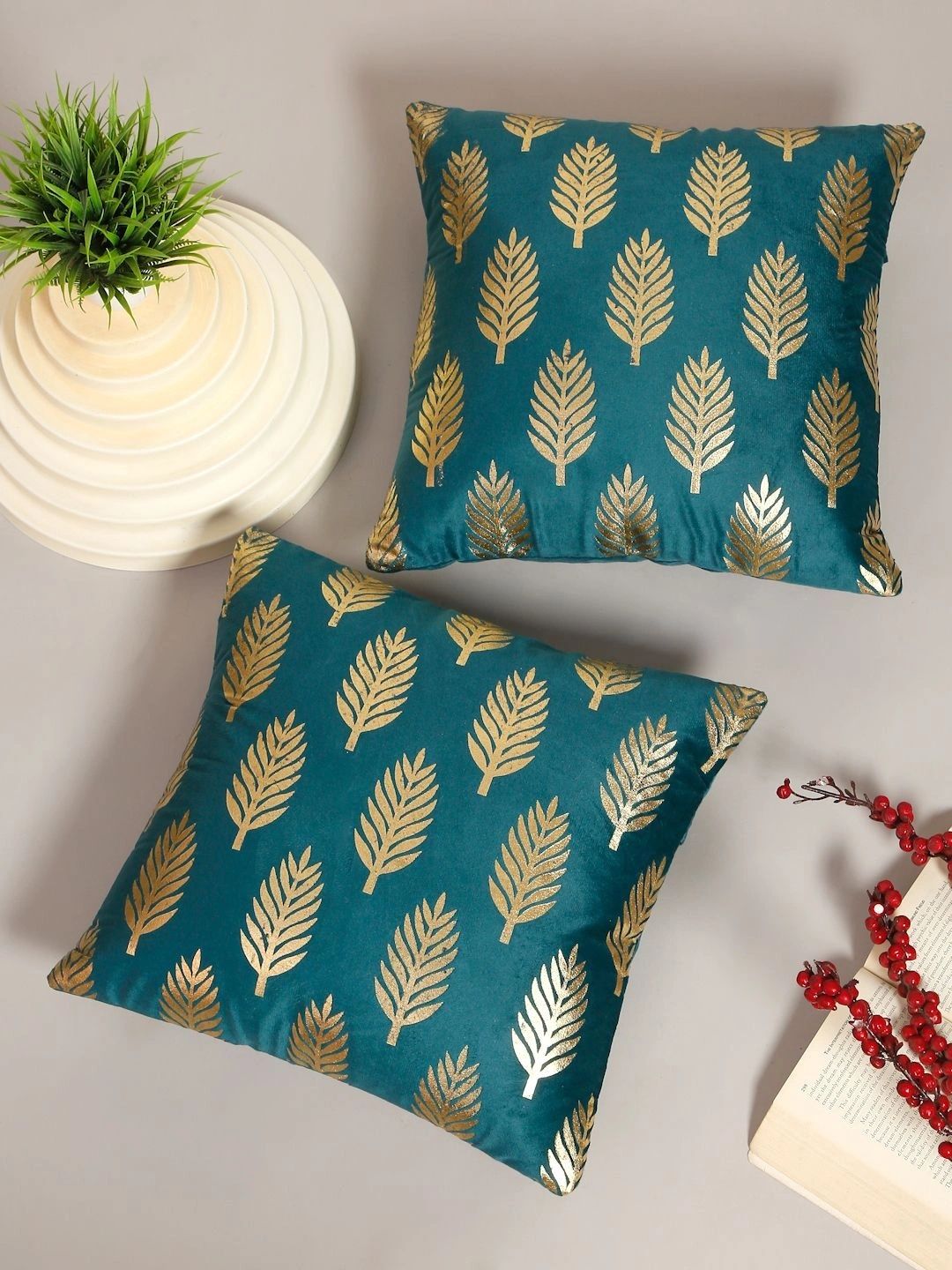 Myntra Elegant Homes Sea Green Set of 2 Velvet Square Cushion Covers-image-38