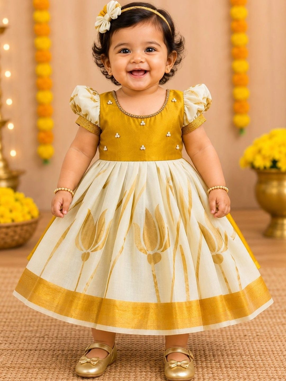 Babypattu Infant Girls Printed Round Neck A-Line Cotton Ethnic Dresses-picture-32