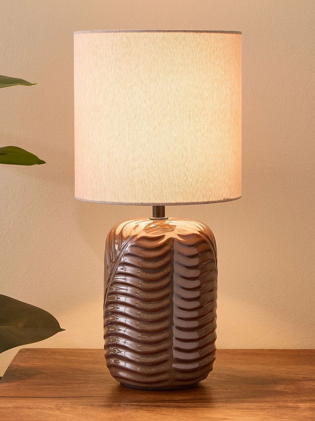 Home Centre Brown Textured Ceramic Cylindrical Shaped Table Lamp-image-18