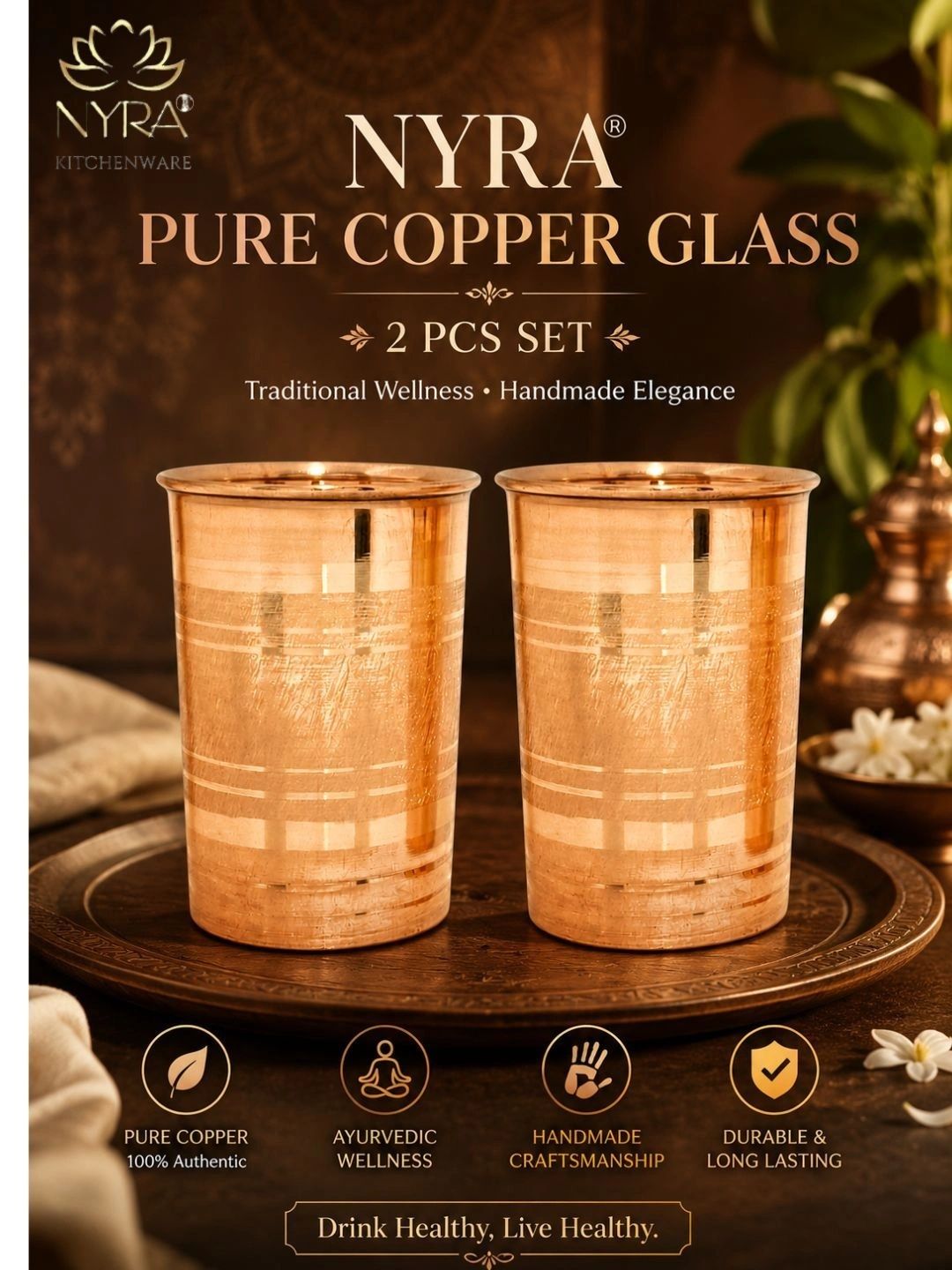 Nyra Kitchenware Copper-Toned 2 Pieces Copper Water Glasses-270 ml Each-picture-19