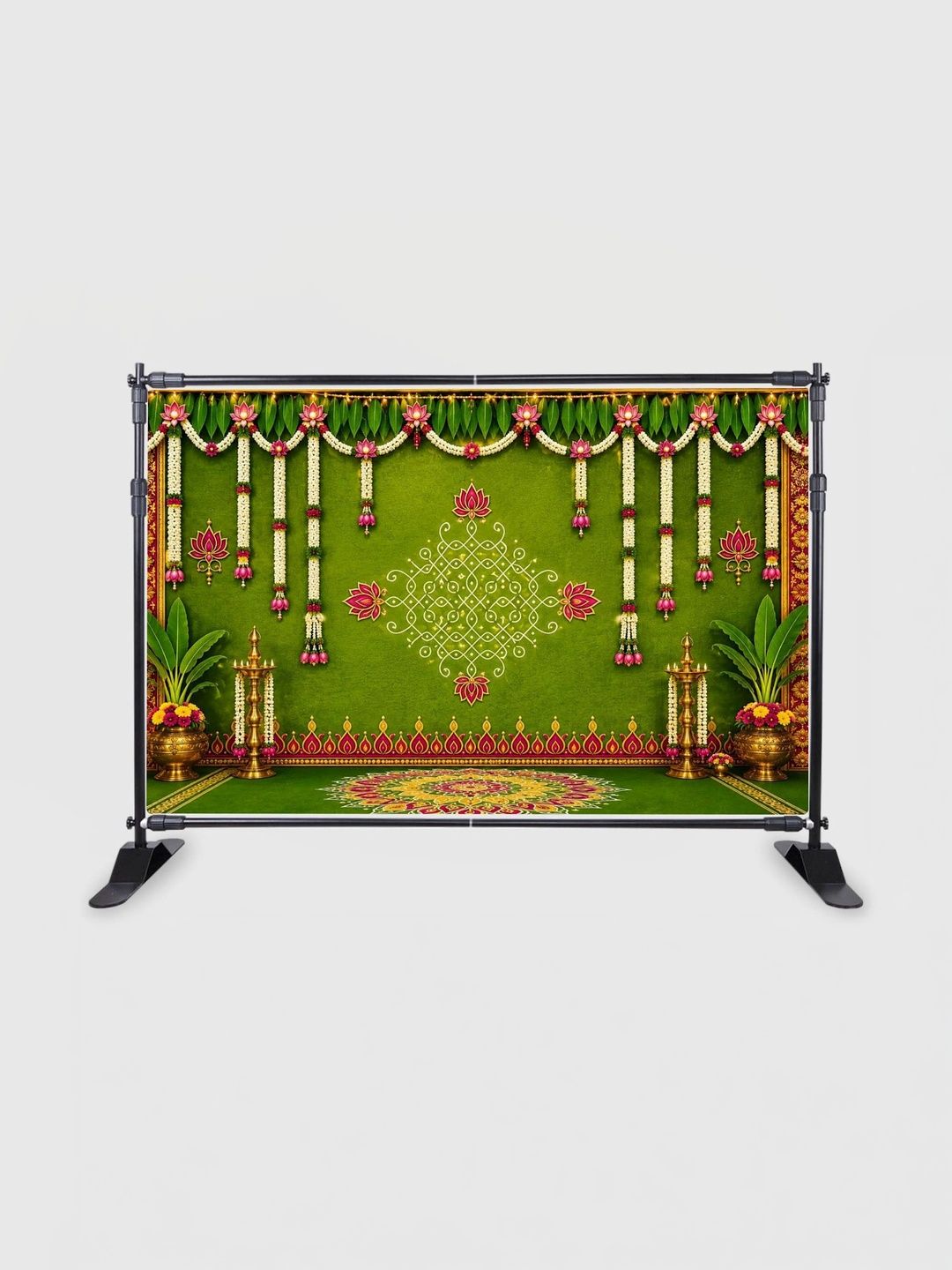 Backdropon Green & Pink Floral Kolam Design Printed Fabric Backdrop-picture-15