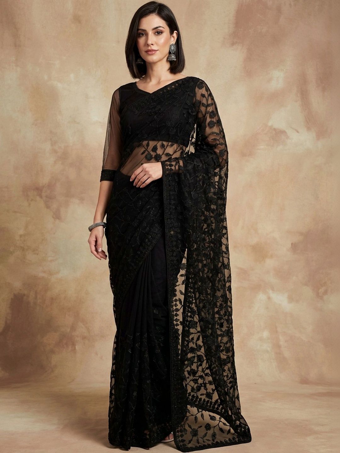Sangria Floral Embroidered Net Designer Saree-picture-11