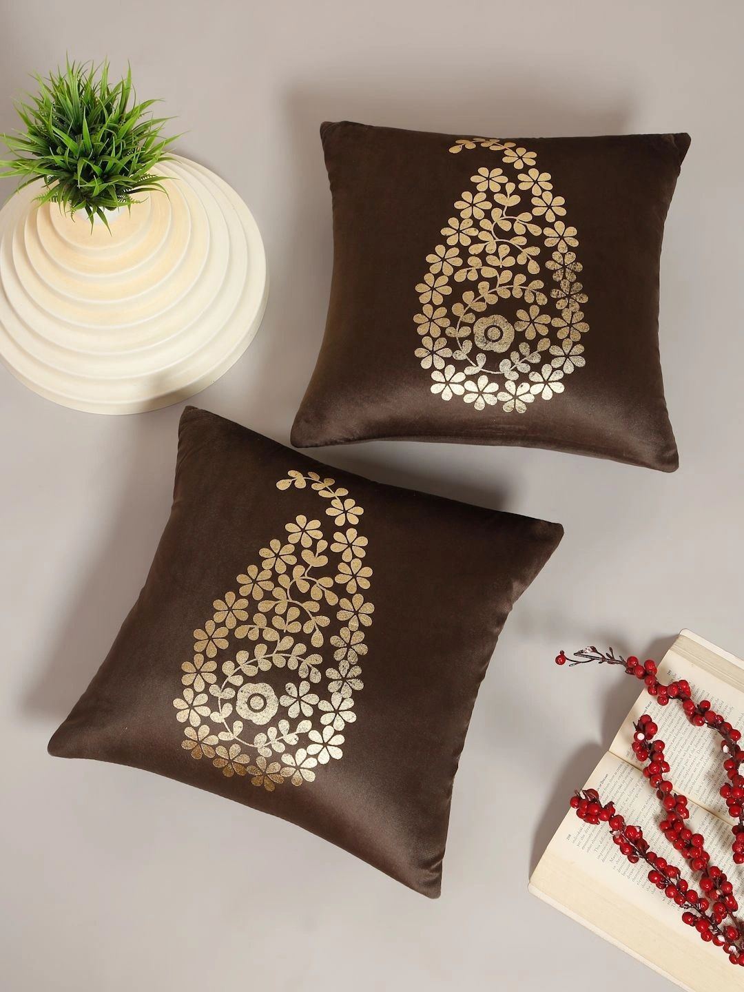 Myntra Elegant Homes Brown Set of 2 Velvet Square Cushion Covers-picture-13