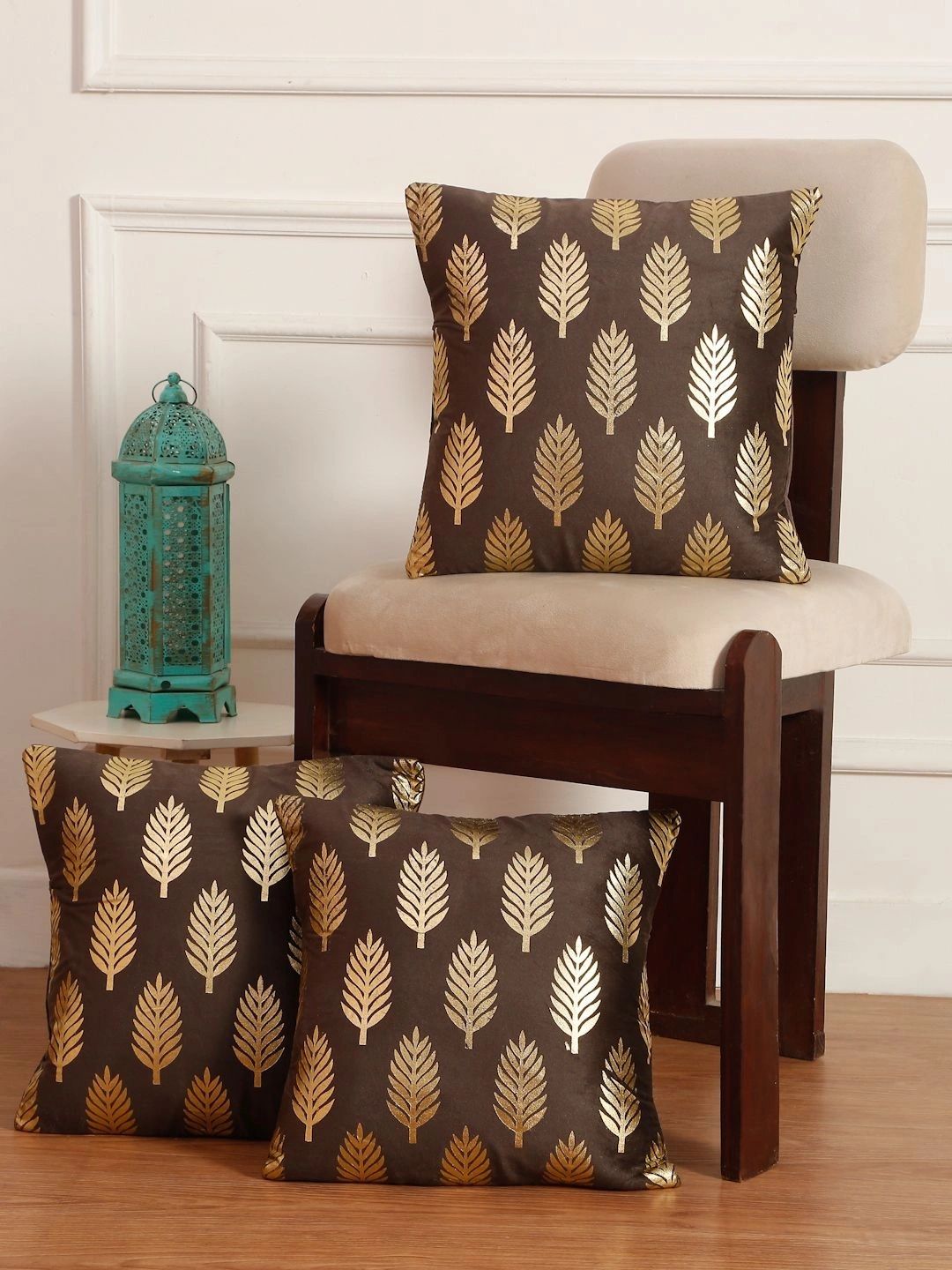 Myntra Elegant Homes Brown Set of 3 Velvet Square Cushion Covers-image-41