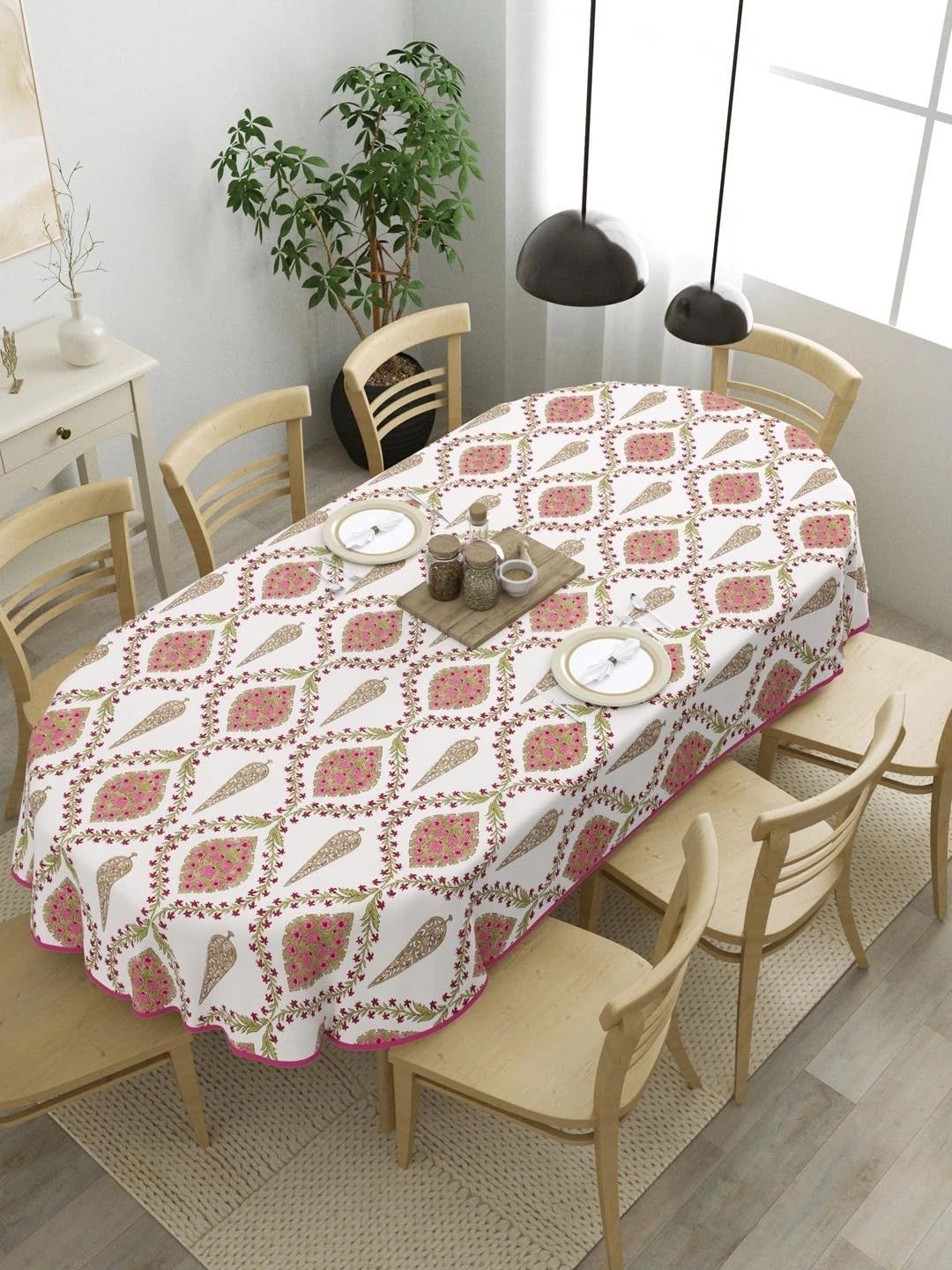 The Home Story White Floral Cotton Oval 6-Seater Table Cover-picture-13