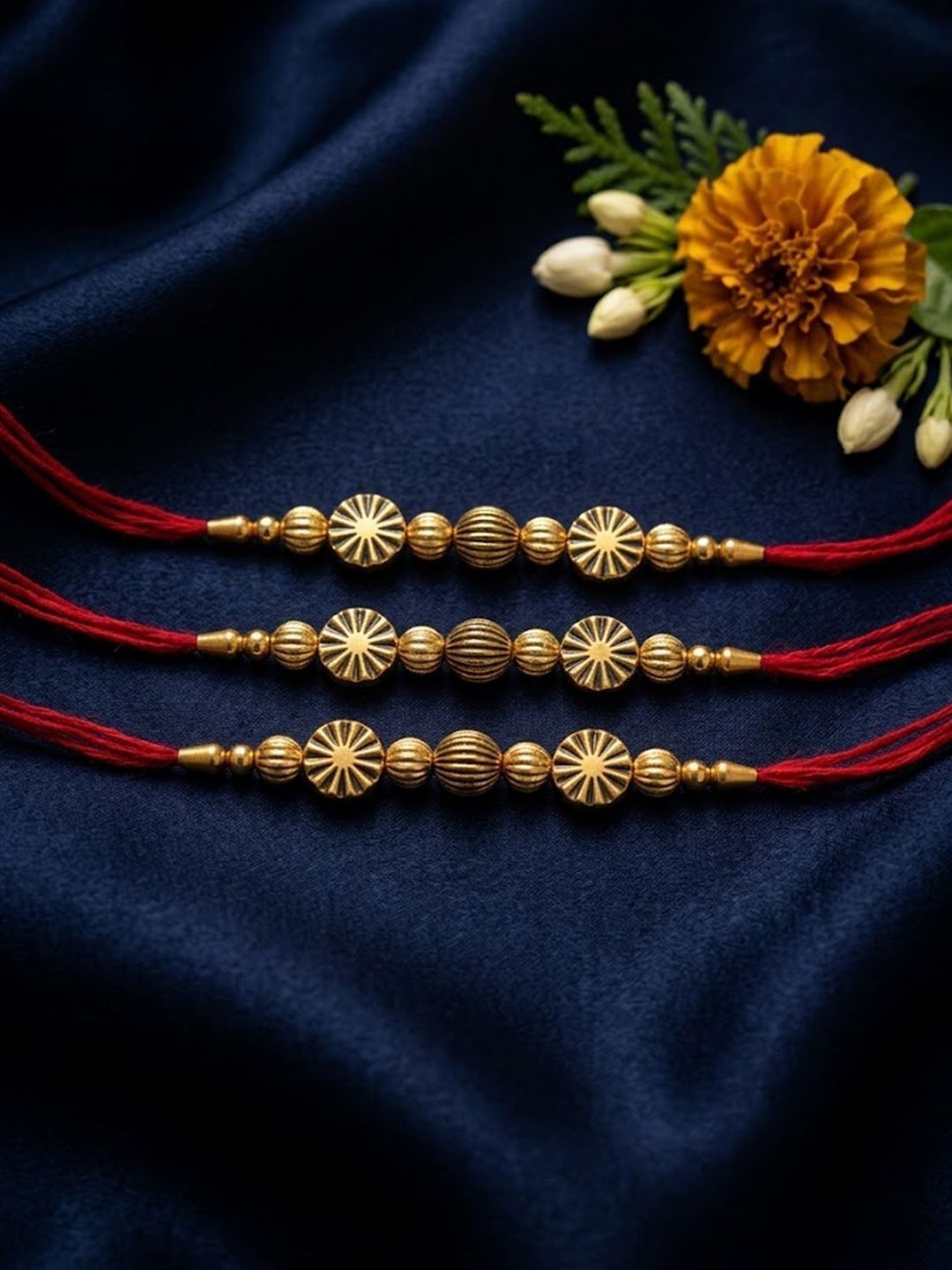 Anouk Set Of 3 Red & Gold Toned Artificial Stones & Beads Thread Rakhi With Roli Chawal-picture-46