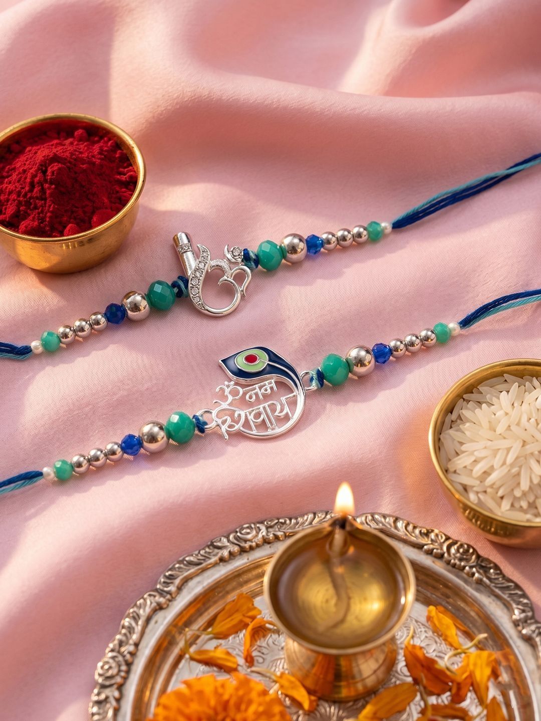 Anouk Set Of 2 Silver Toned Beaded Religious Thread Rakhi With Roli Chawal Chandan Mishri-image-16