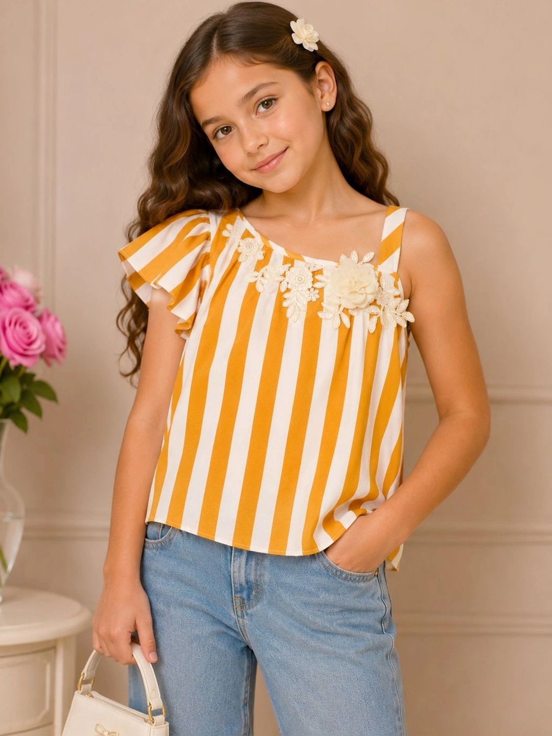 CUTECUMBER Striped One Shoulder Flutter Sleeve Ruffles Top-image-18