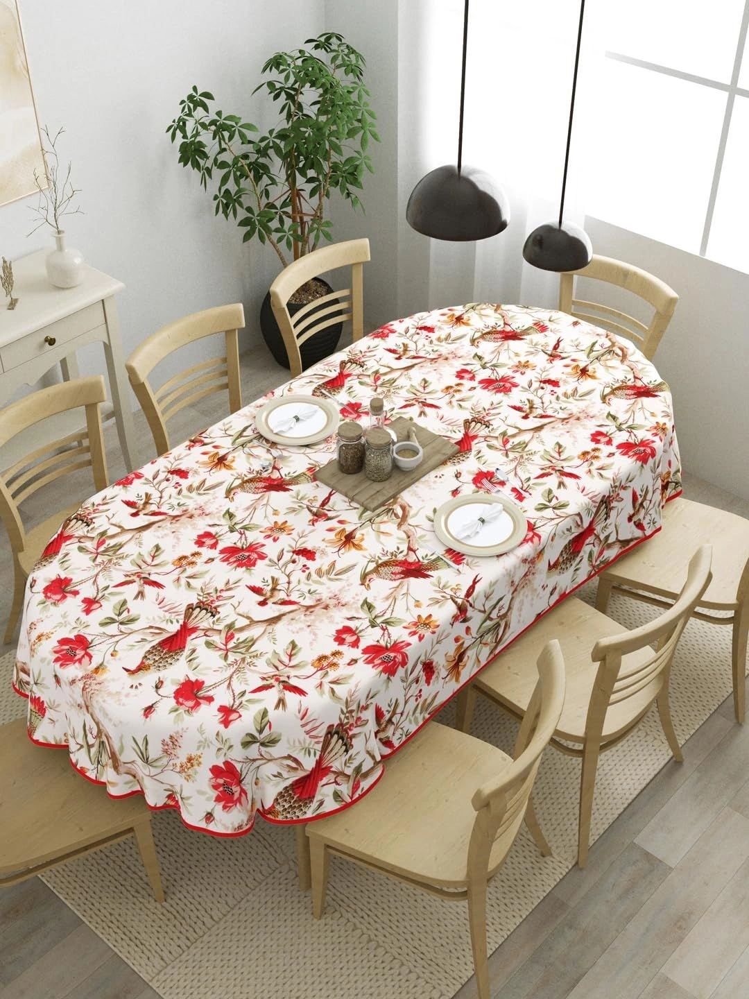 The Home Story Off White Floral Cotton Oval 6-Seater Table Cover-picture-25