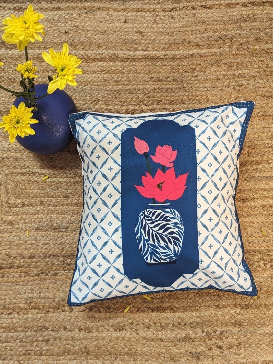 Indisca Designs White & Blue Floral Square Cushion Covers-image-16