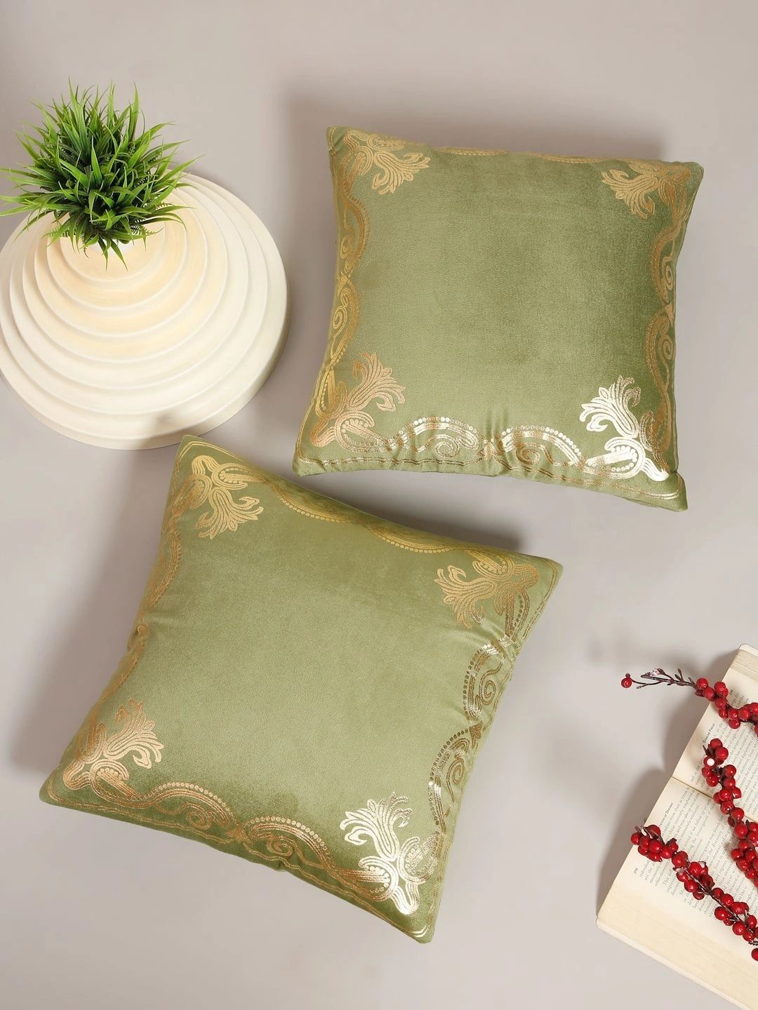 Myntra Elegant Homes Olive Green Set of 2 Velvet Square Cushion Covers-picture-27