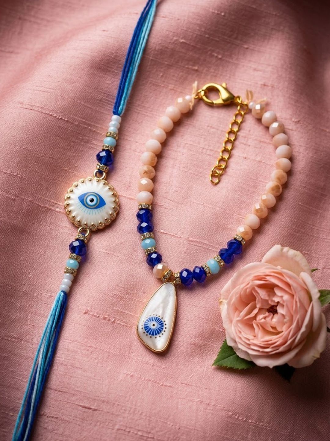 Anouk Set Of 2 Gold Toned Evil Eye Beaded Bhaiya Bhabhi Rakhi With Roli Chawal Chandan-image-27