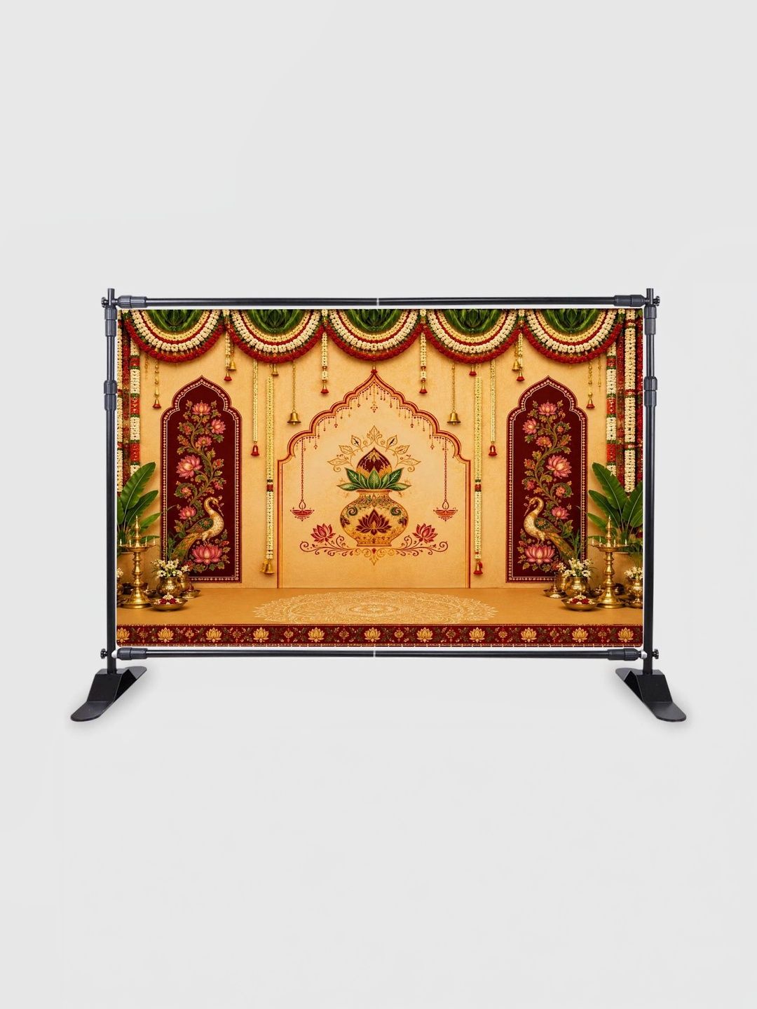 Backdropon Beige & Maroon Kalash & Peacock Art Design Printed Fabric Backdrop-picture-49