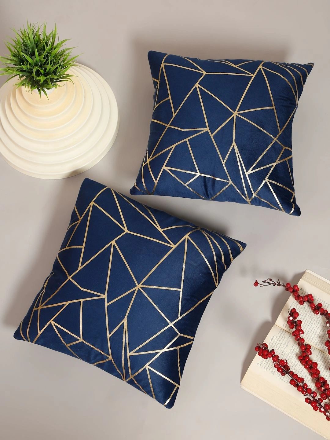 Myntra Elegant Homes Blue Set of 2 Geometric Velvet Square Cushion Covers-image-40