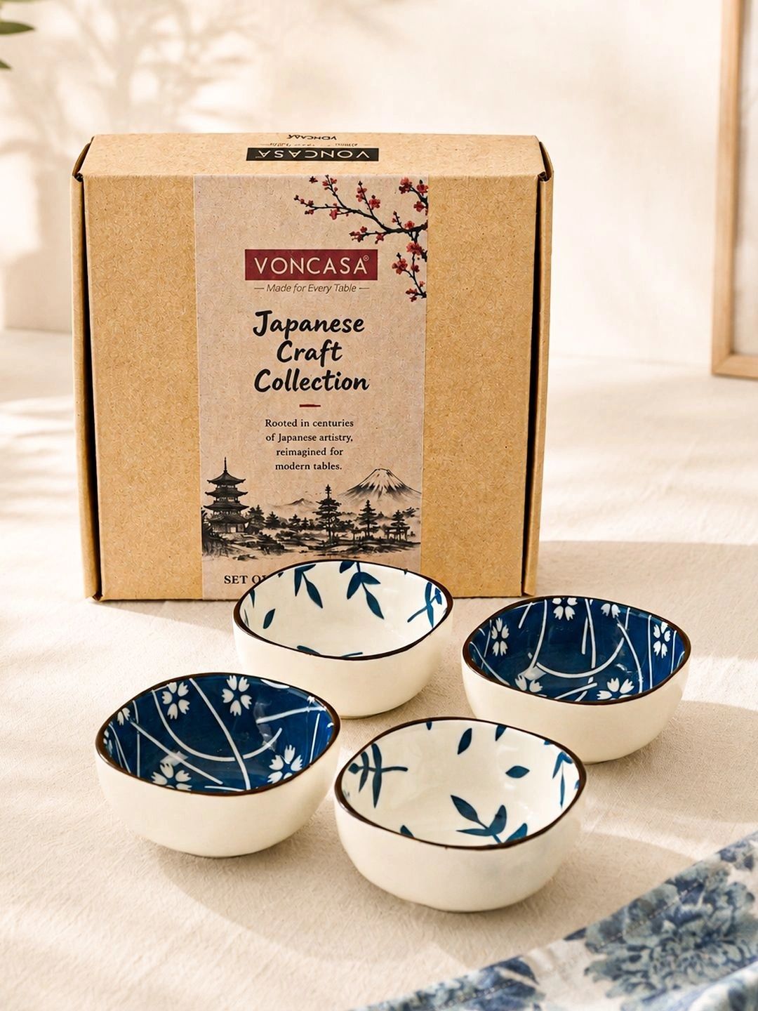 MARKET99 Set of 4 Japanese Theme Multicolored Zen Leaf & Blossom Ceramic Bowls 180 ml Each-picture-25