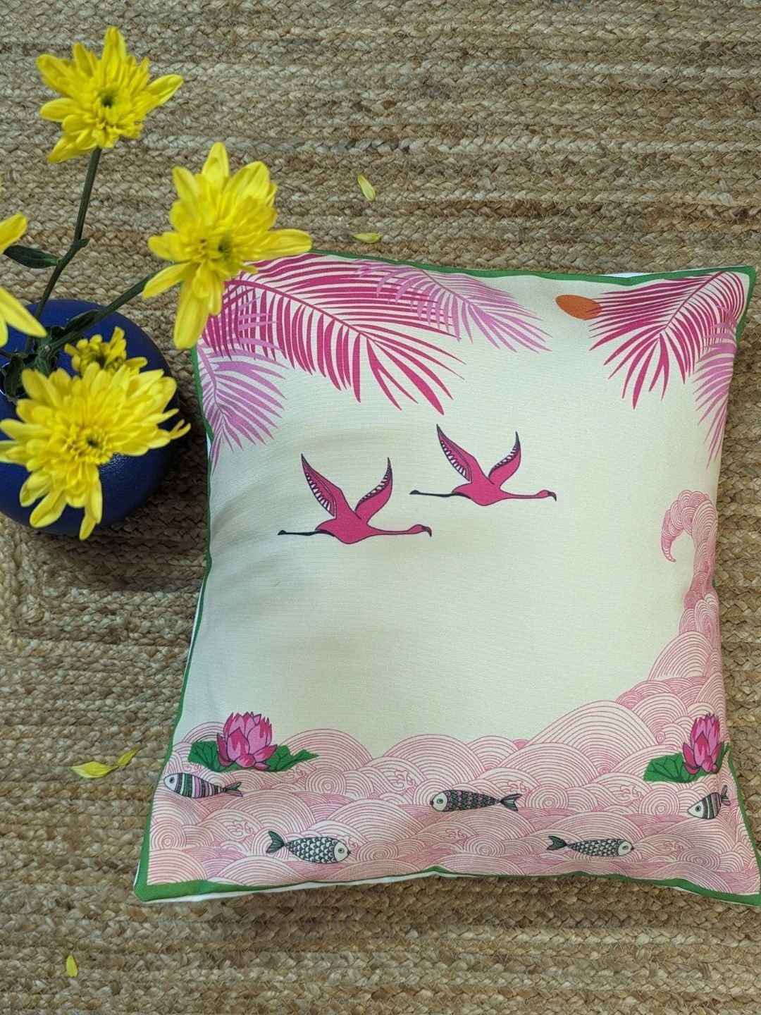 Indisca Designs Cream-Coloured & Pink Square Cushion Covers-image-1