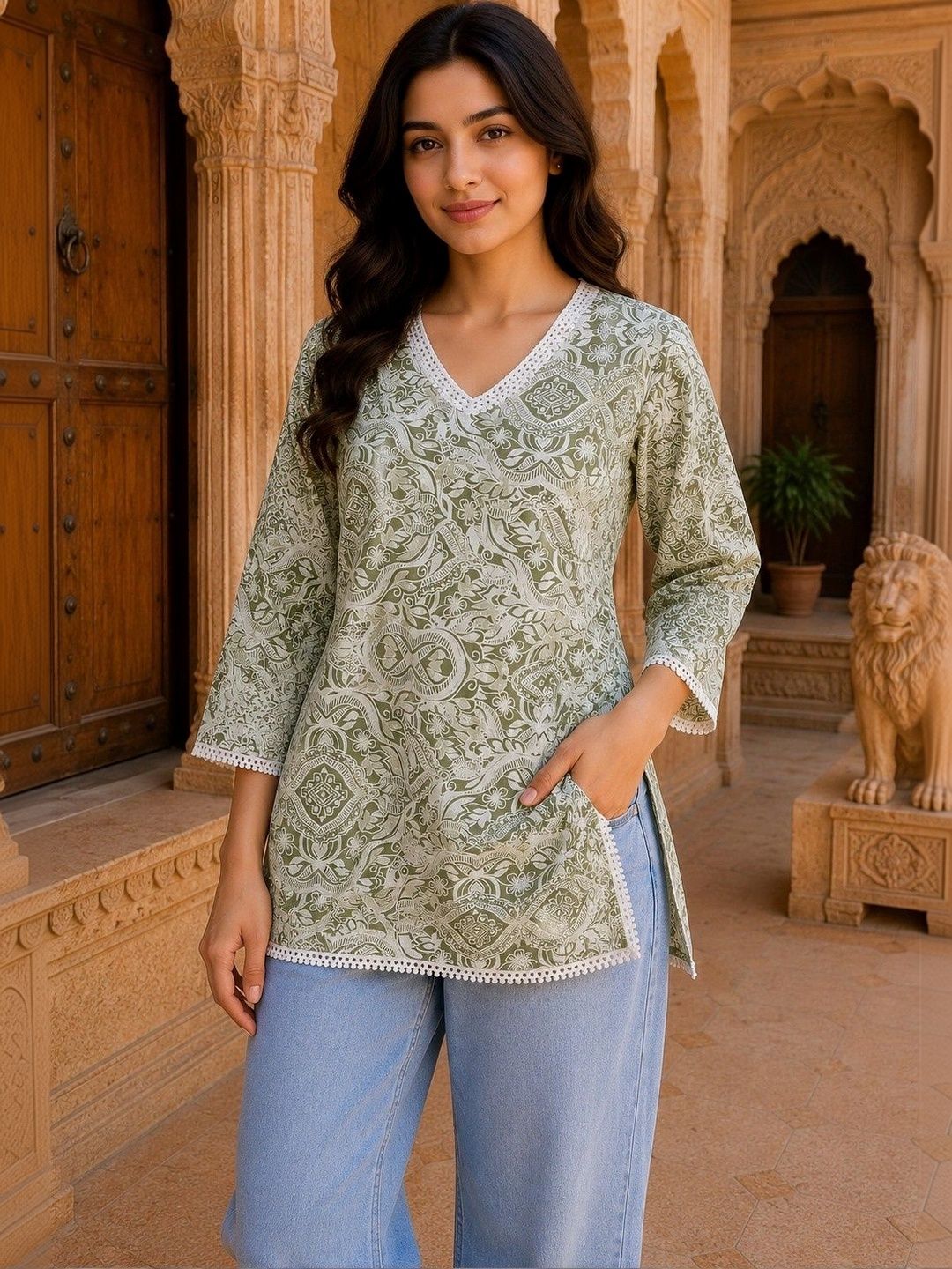 all about you Ethnic Motifs Printed V-Neck Pure Cotton Blend Kurti-image-29