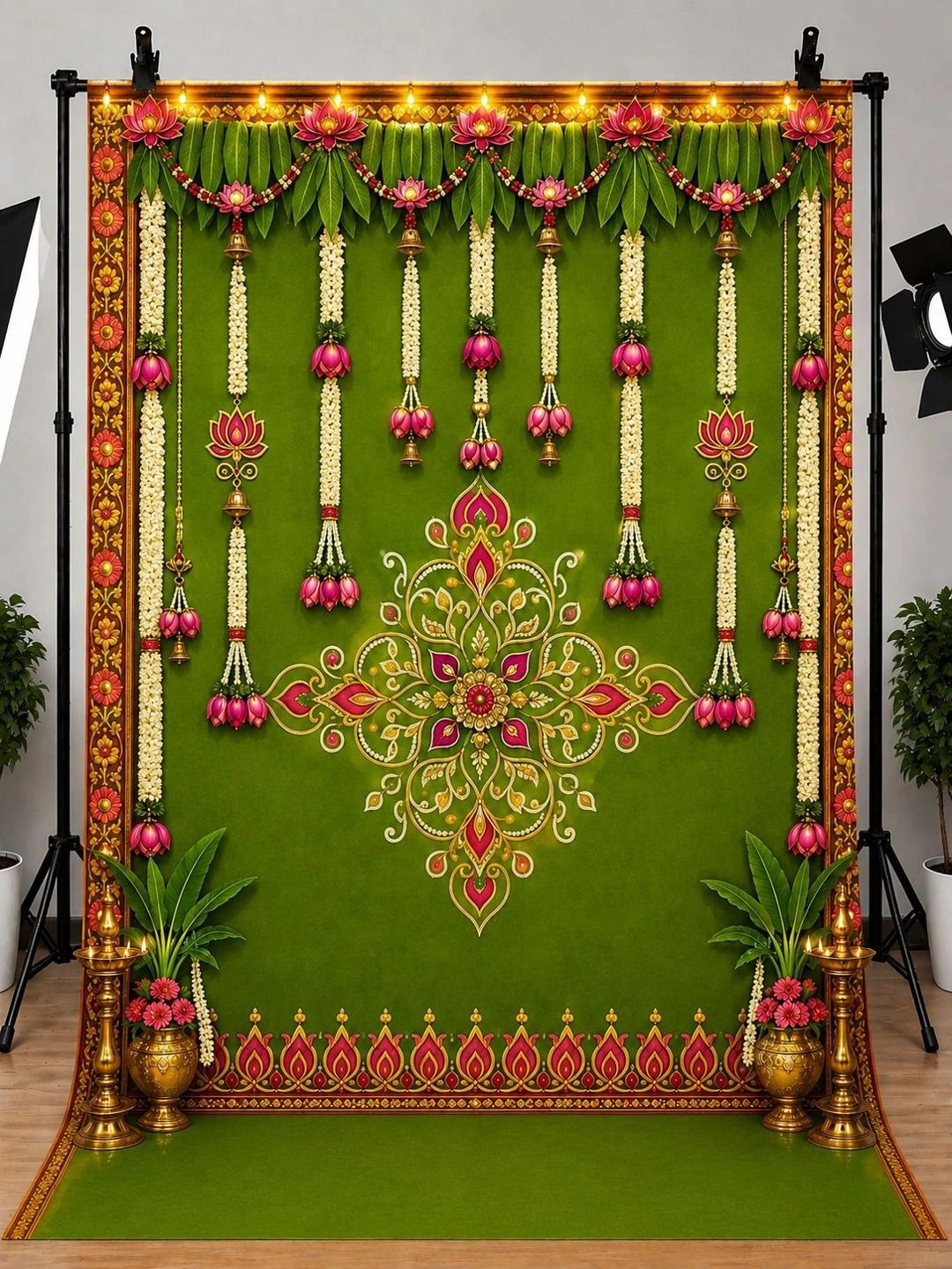 Backdropon Green & Red Traditional Rangoli Design Printed Fabric Backdrop-image-34