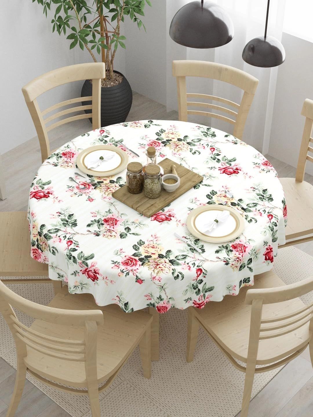 The Home Story Off White Floral Cotton Round 4-Seater Table Cover-picture-24