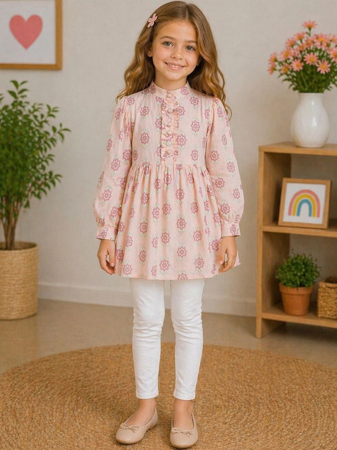 Miss & Chief Floral Print Mandarin Collar Ruffles Cotton Blend Top-picture-36