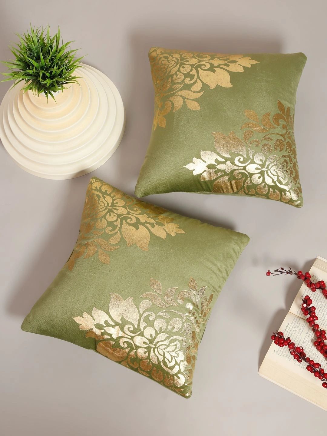 Myntra Elegant Homes Olive Green Set of 2 Floral Velvet Square Cushion Covers-image-16