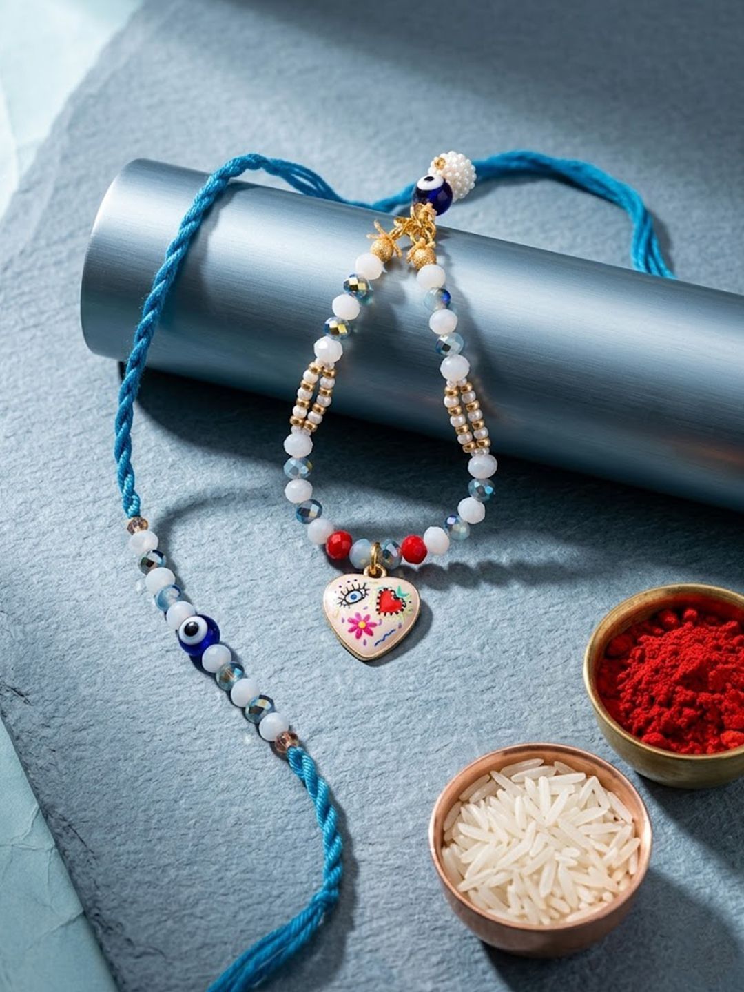 Anouk Set Of 2 Evil Eye Beaded Gold Toned Bhaiya Bhabhi Rakhi With Roli Chawal Chandan-picture-45