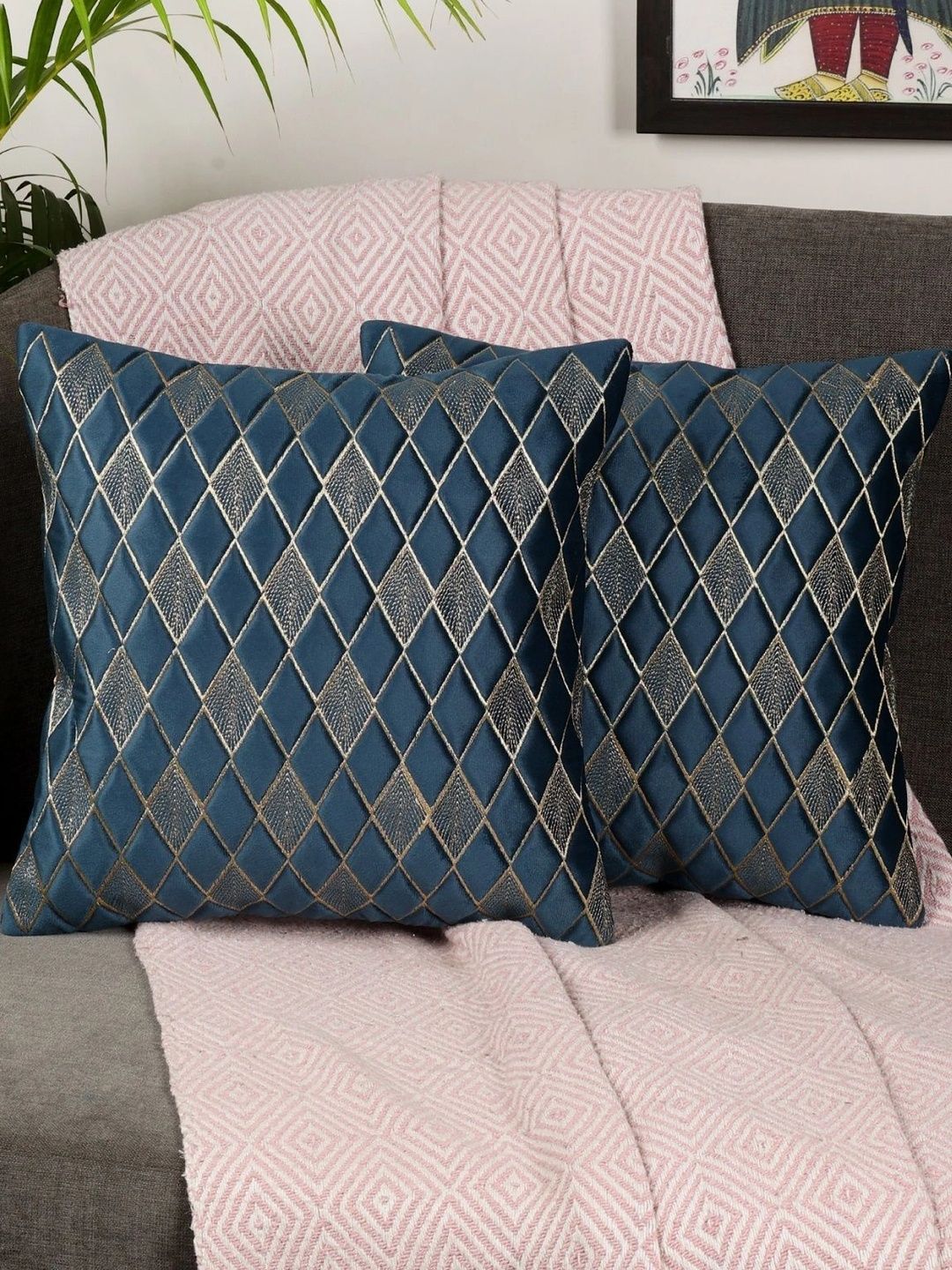 MONKDECOR Blue Set of 2 Geometric Velvet Square Cushion Covers-picture-15